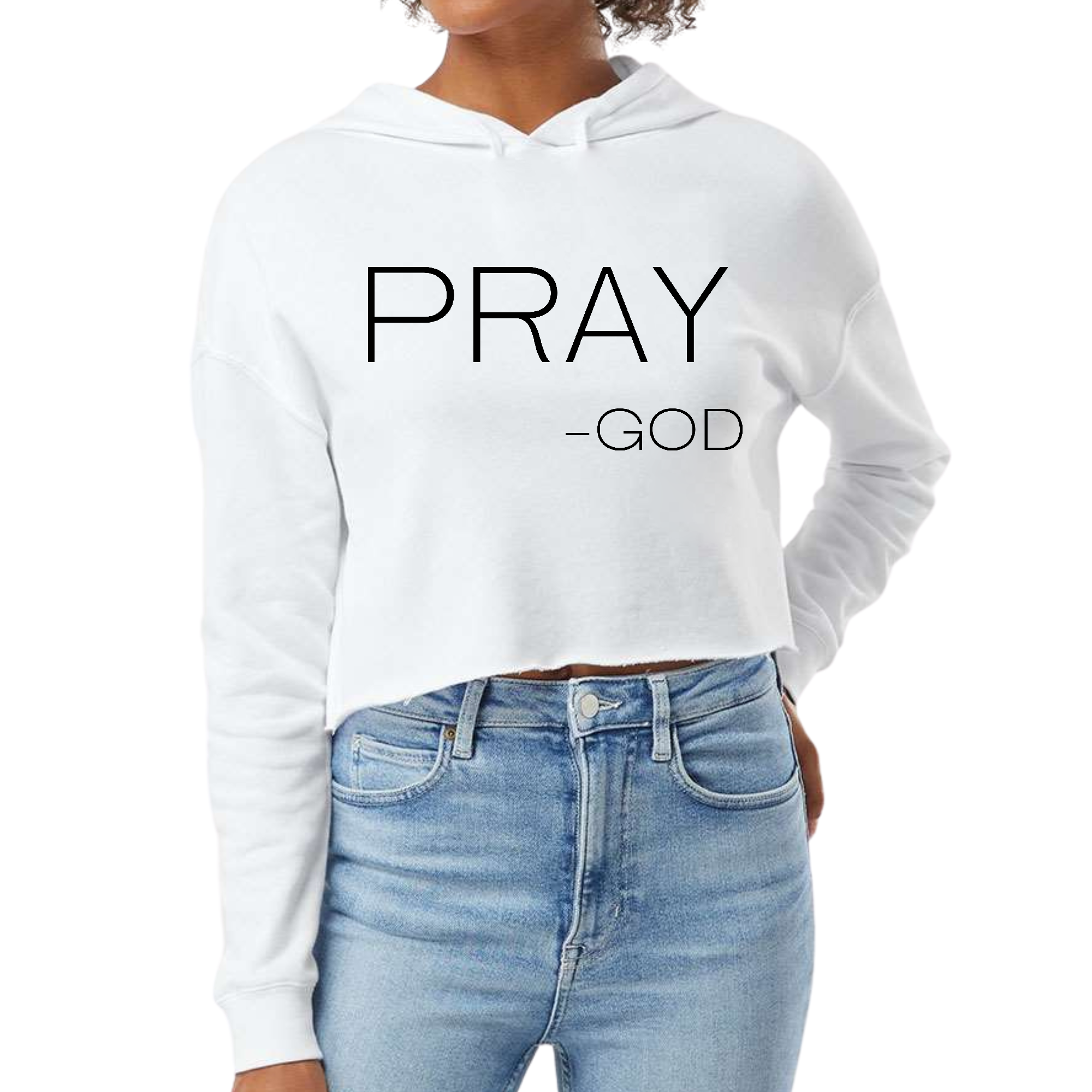 Women's Cropped Hoodie in various colors featuring 'Pray-God' statement, showcasing a relaxed fit and double fabric hood.