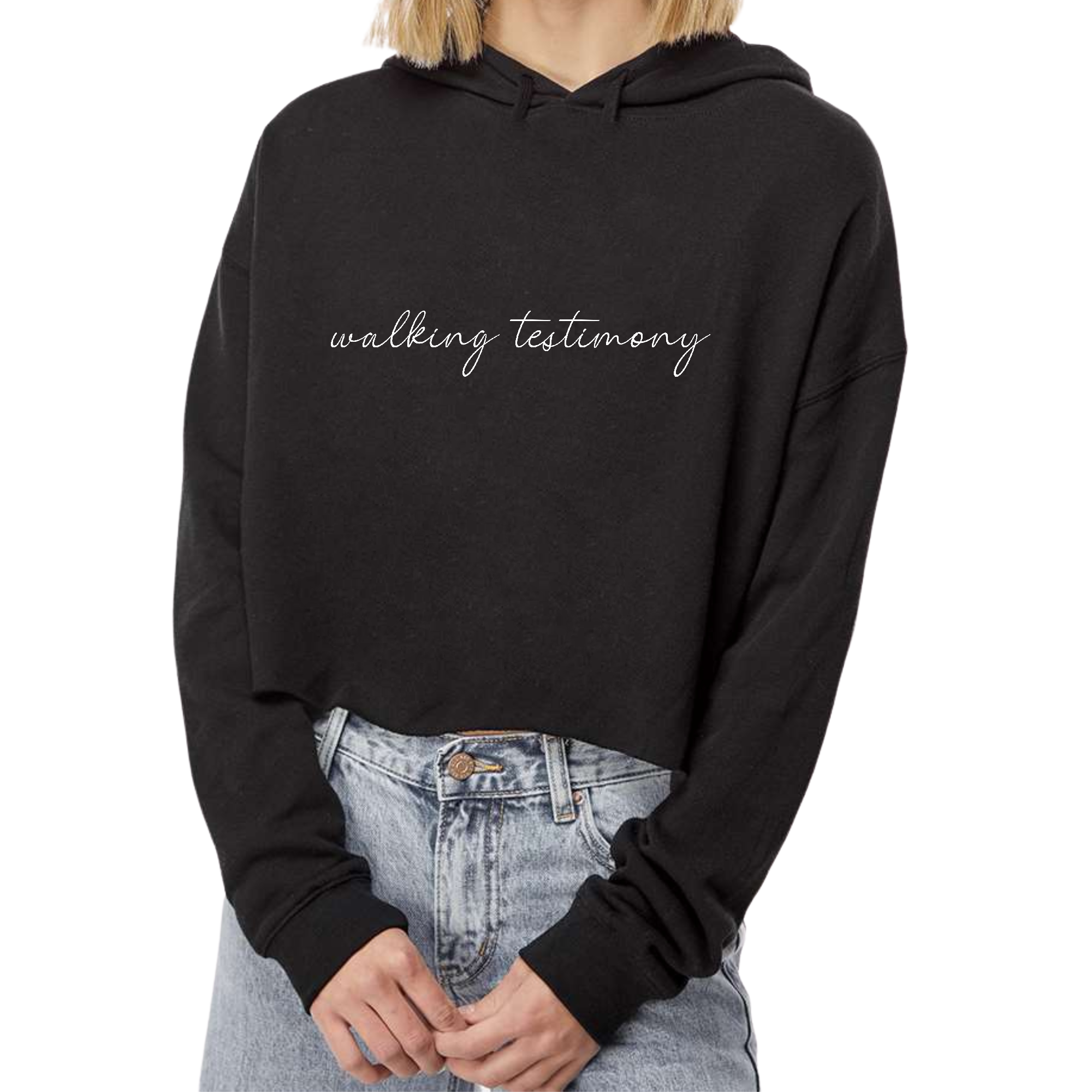Women's Cropped Hoodie with Say it Soul Walking Testimony illustration, featuring a relaxed fit and soft fabric.