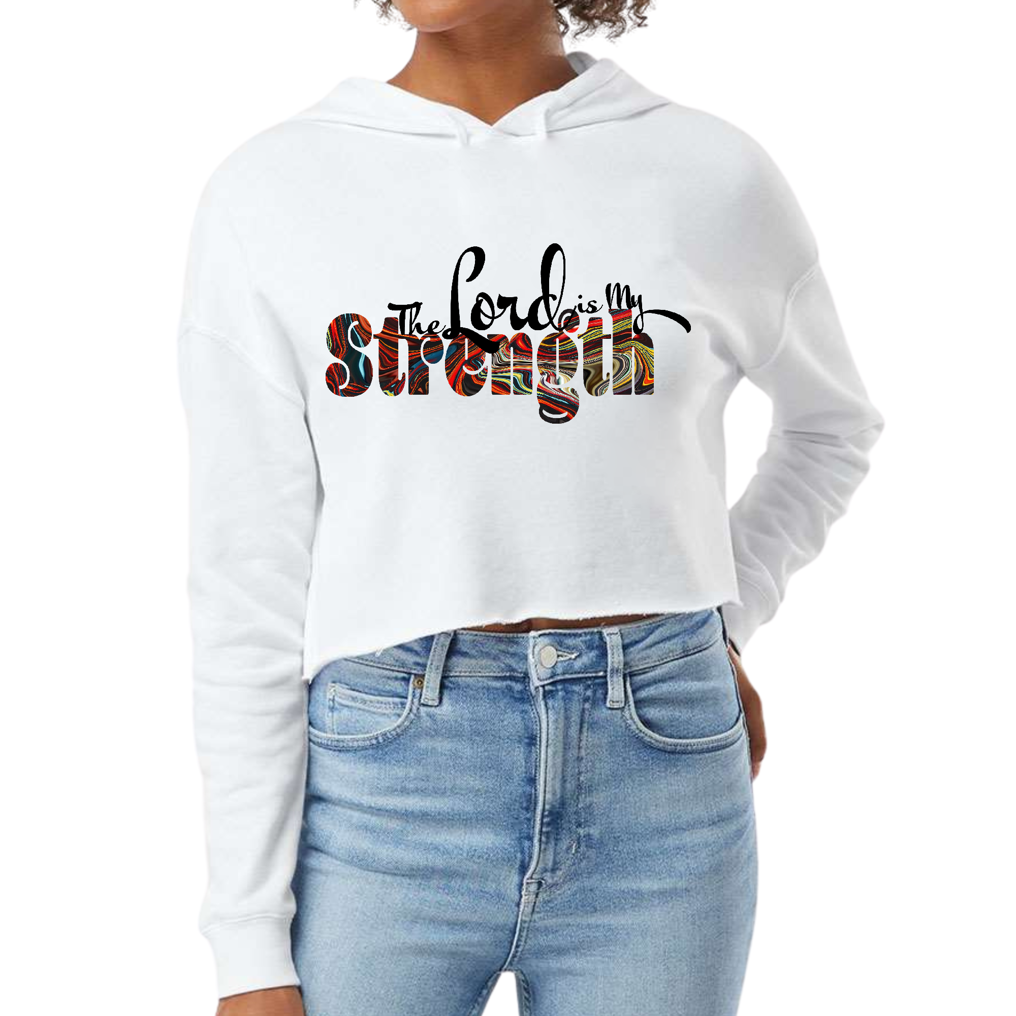 Women's cropped hoodie with 'The Lord is My Strength' print, featuring a relaxed fit and soft fabric.