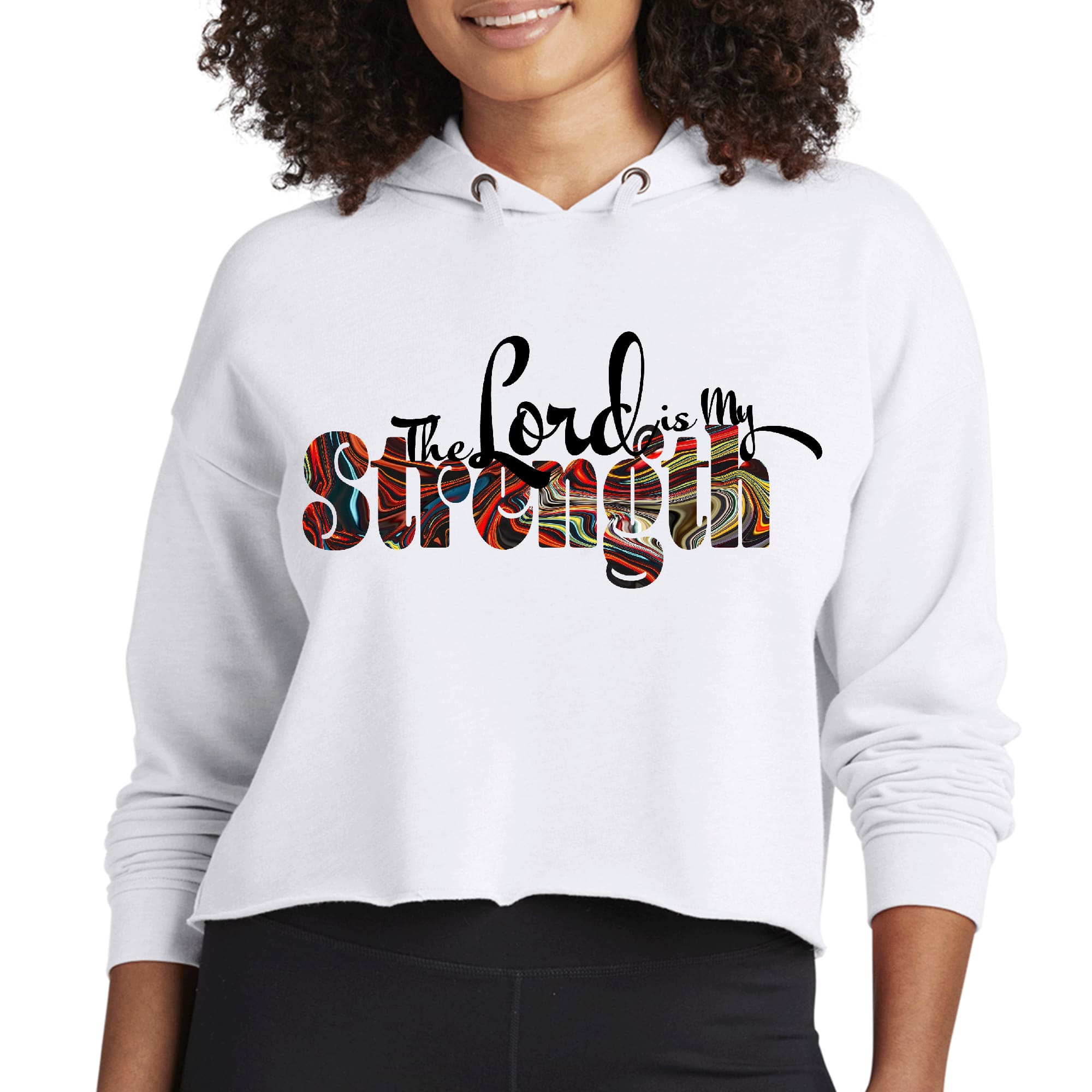 Women's cropped hoodie with 'The Lord is My Strength' print, featuring a relaxed fit and soft fabric.