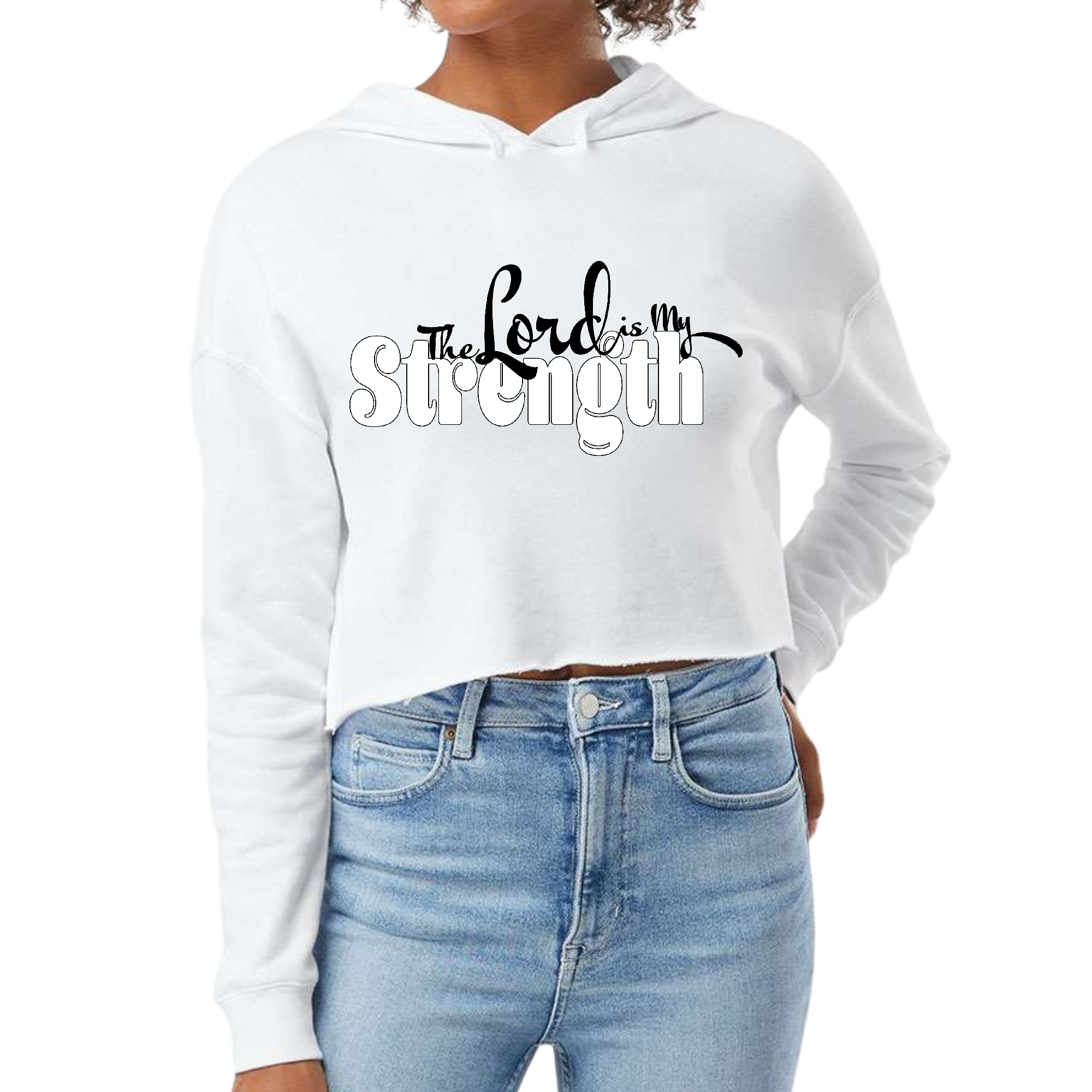 Women's cropped hoodie in various colors featuring 'The Lord is My Strength' print, showcasing a relaxed fit and soft fabric.