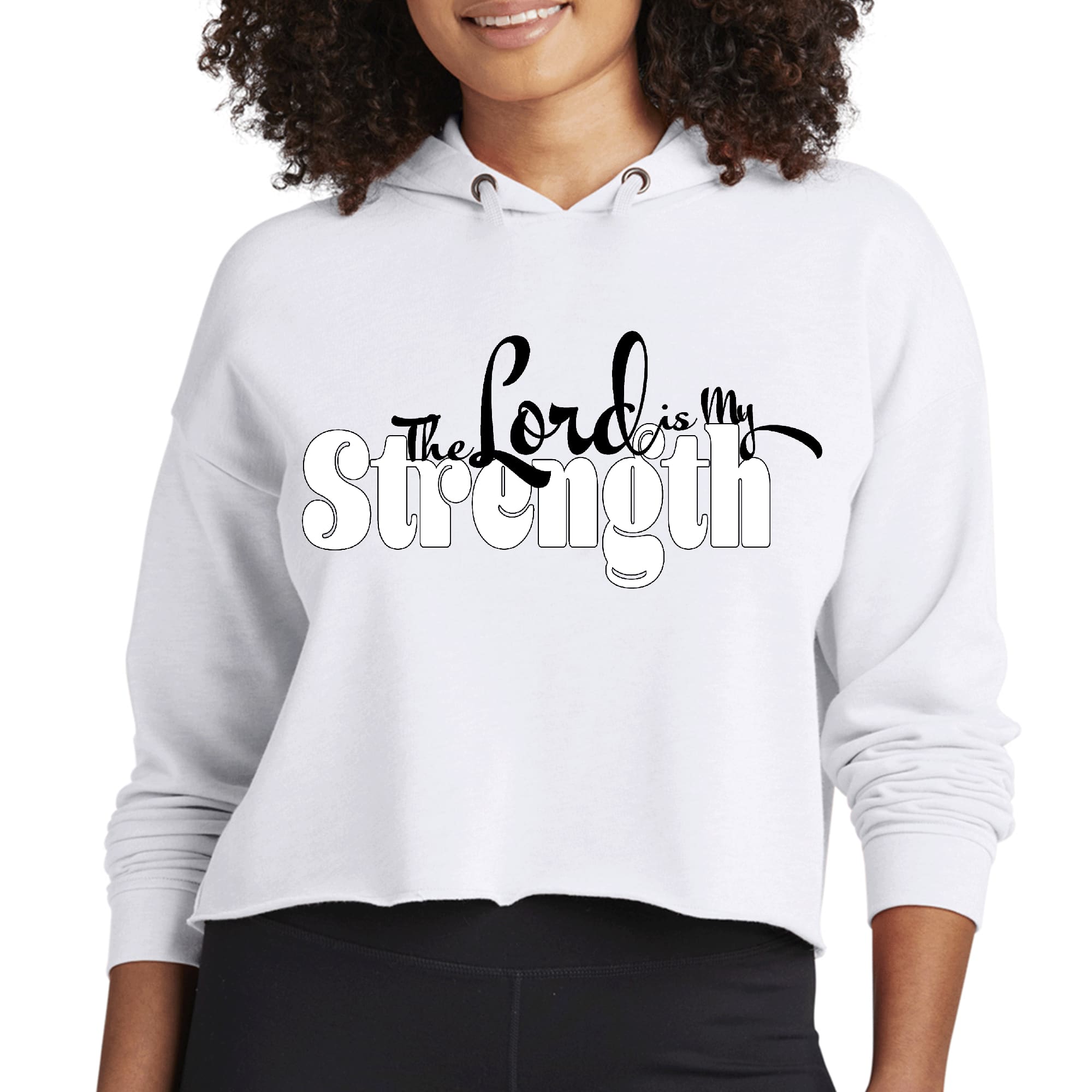 Women's cropped hoodie in various colors featuring 'The Lord is My Strength' print, showcasing a relaxed fit and soft fabric.