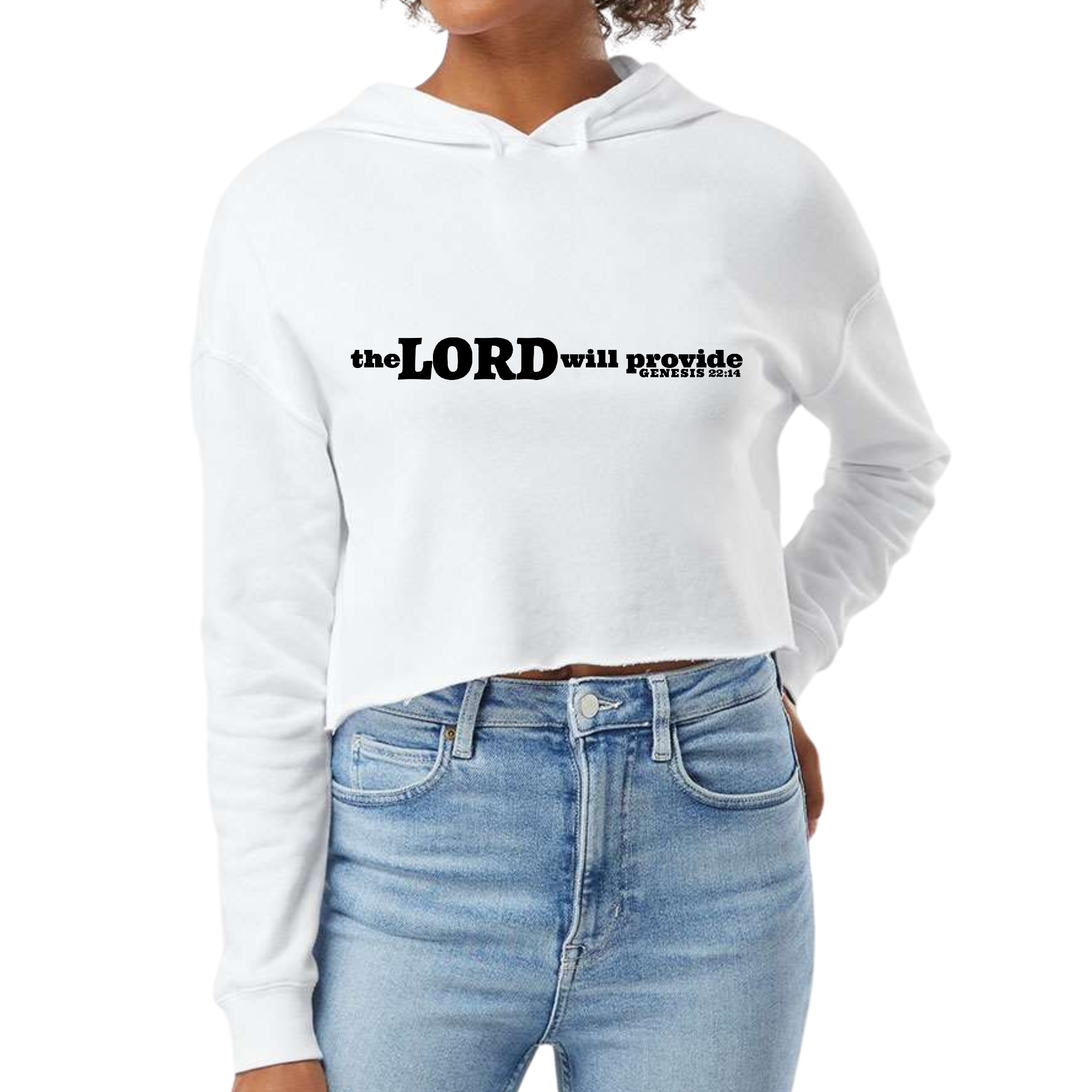 Women's cropped hoodie in black featuring 'The Lord Will Provide' print, showcasing a relaxed fit and soft fabric.