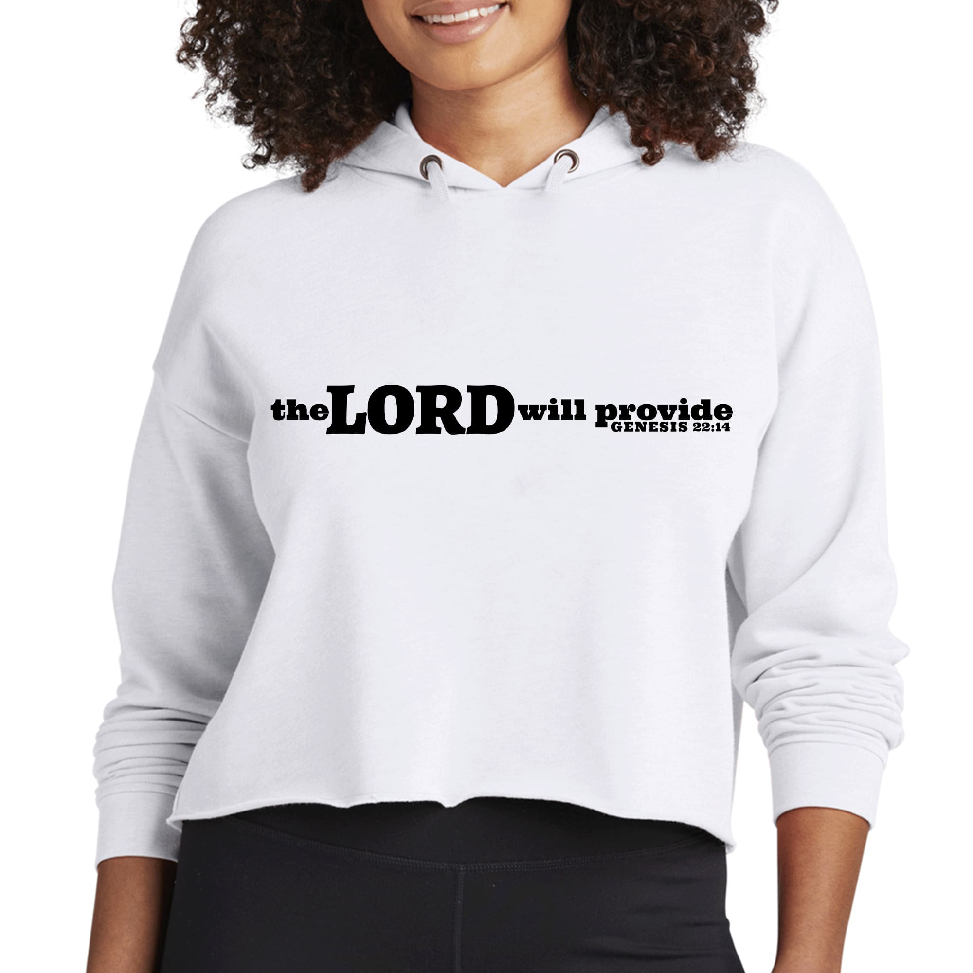 Women's cropped hoodie in black featuring 'The Lord Will Provide' print, showcasing a relaxed fit and soft fabric.