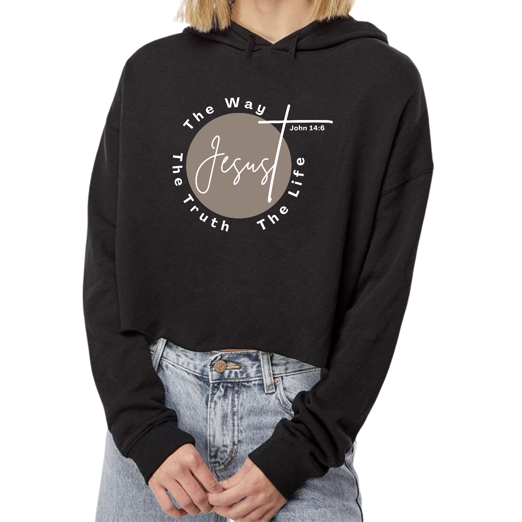 Women's Cropped Hoodie in brown and white featuring 'The Truth The Way The Life' Christian affirmation, showcasing a relaxed fit and stylish design.