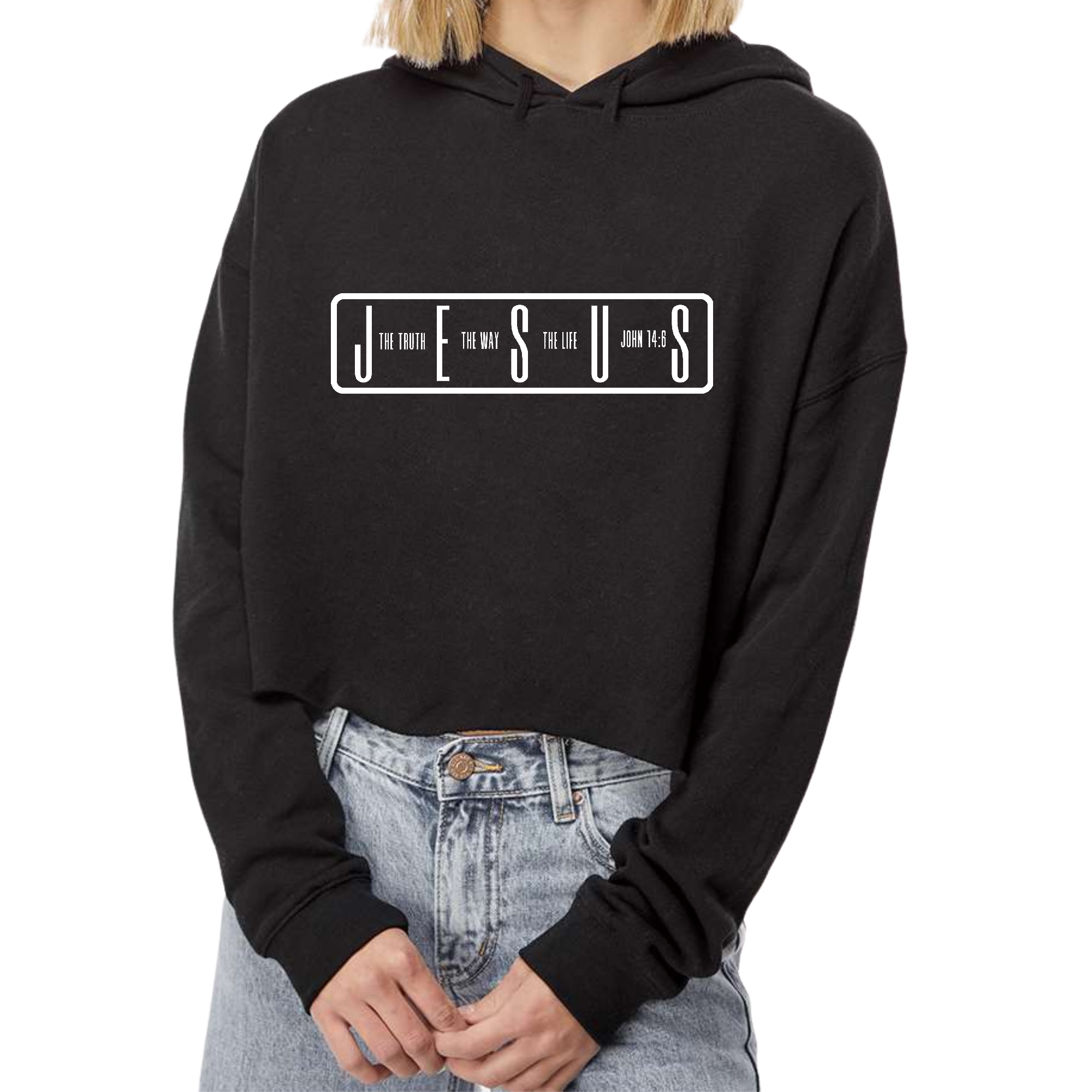 Women's Cropped Hoodie featuring the quote 'The Truth The Way The Life' from John 14:6, showcasing a stylish design with a raw edge cut hem.