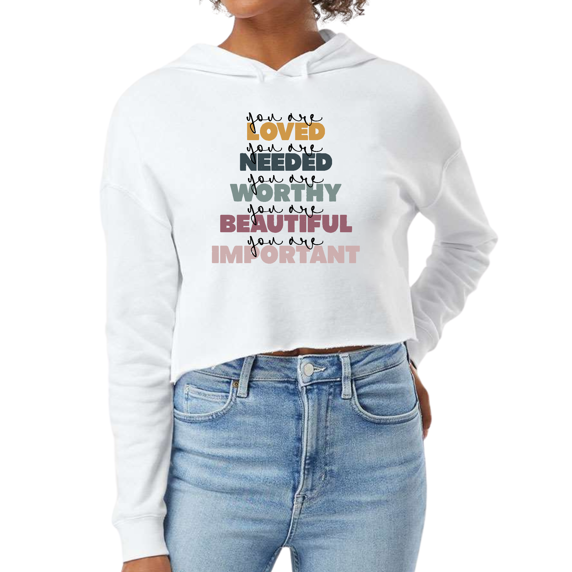 Women's cropped hoodie in various colors with 'You are Loved' affirmation, featuring a relaxed fit and double fabric hood.