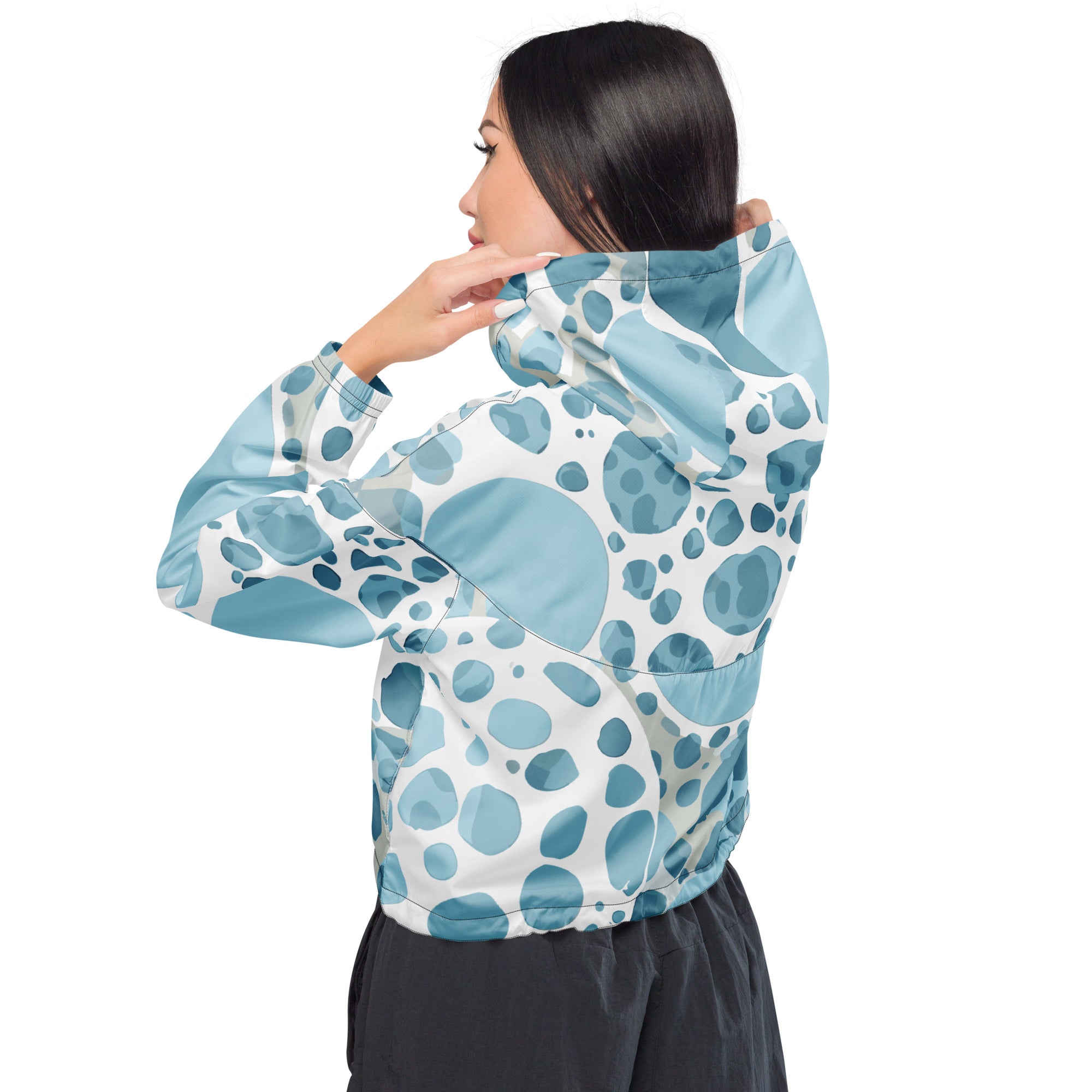 Women's Cropped Windbreaker Jacket in blue and white circular spotted design, showcasing its stylish cropped silhouette and functional features.