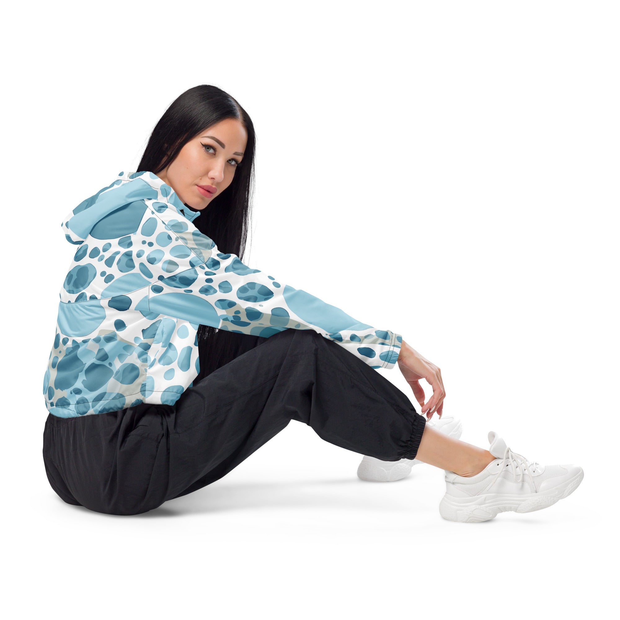 Women's Cropped Windbreaker Jacket in blue and white circular spotted design, showcasing its stylish cropped silhouette and functional features.