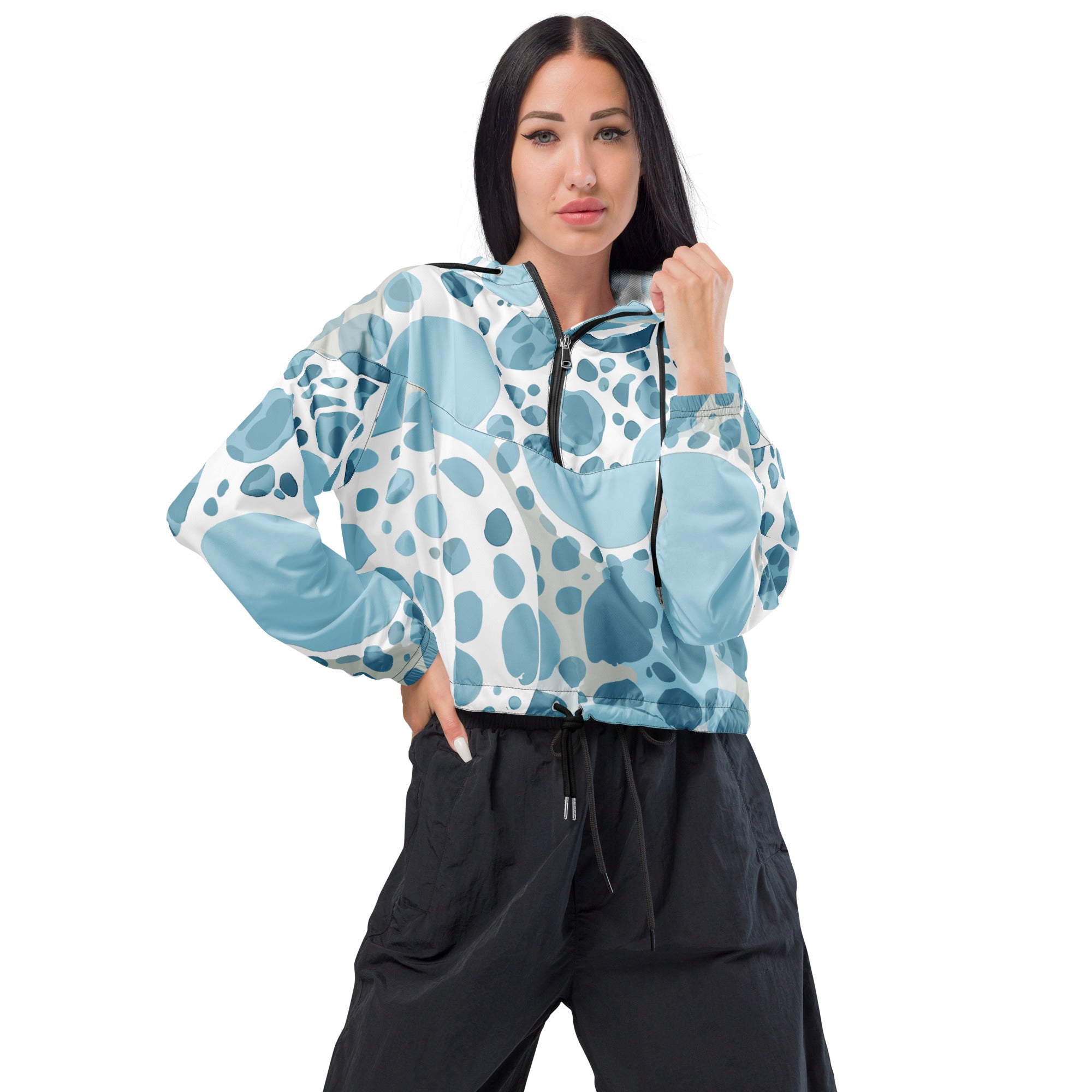 Women's Cropped Windbreaker Jacket in blue and white circular spotted design, showcasing its stylish cropped silhouette and functional features.