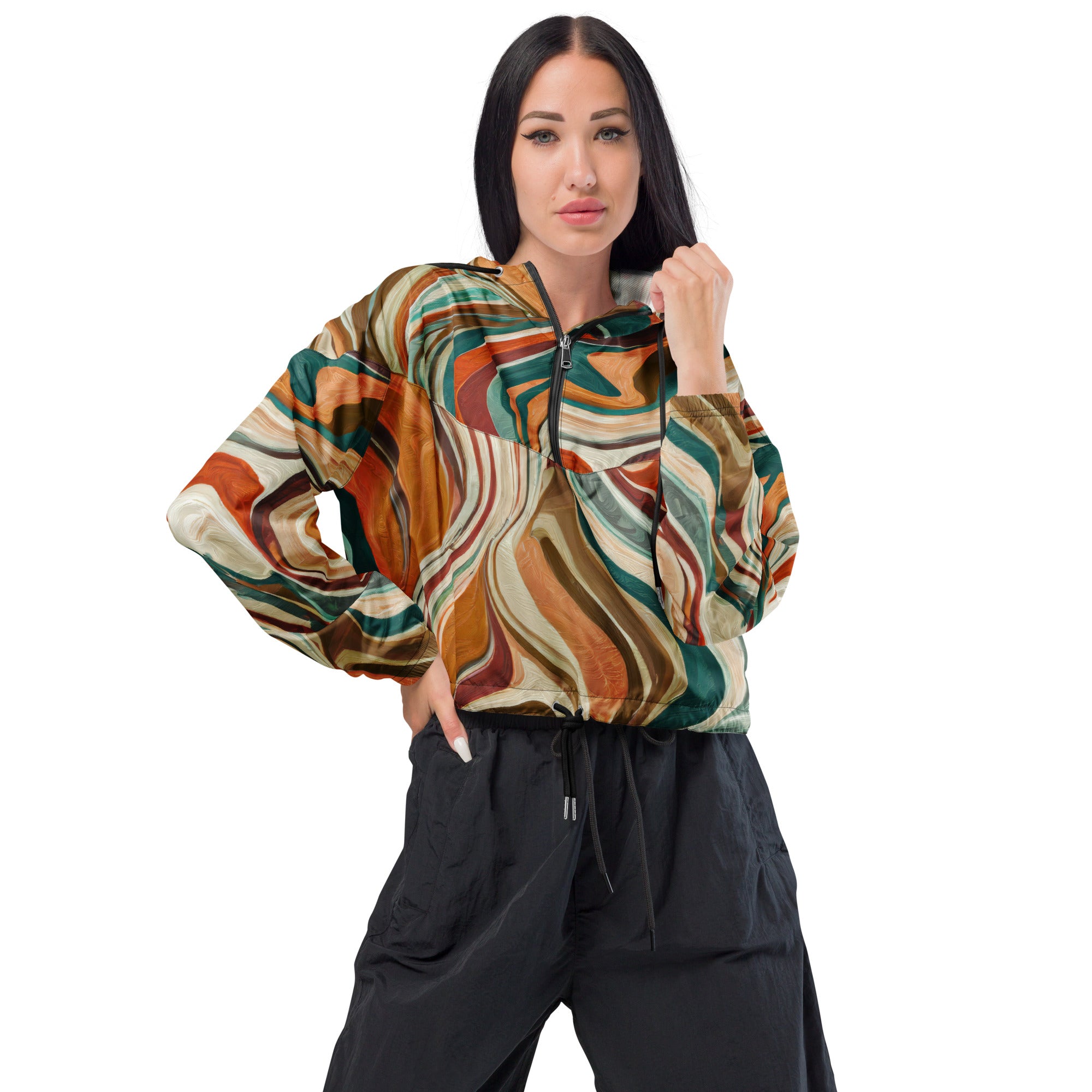 Women's Cropped Windbreaker Jacket in Boho Brown Marble Print, featuring a stylish cropped design and adjustable drawstrings.