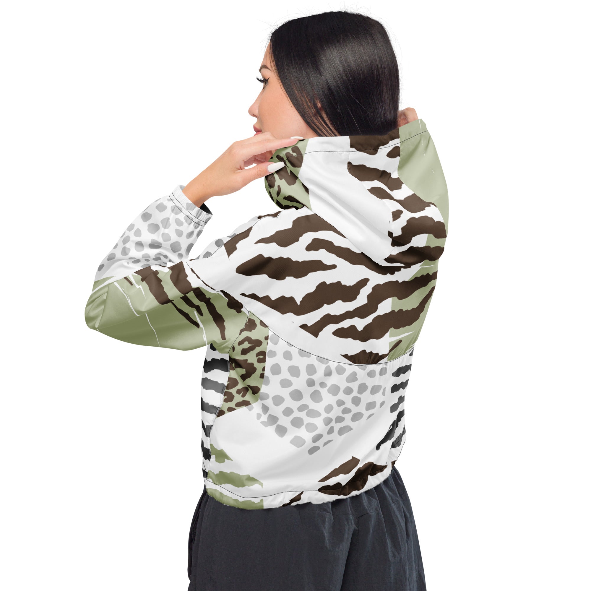 Women's Cropped Windbreaker Jacket in brown, green, and grey geometric hexagon pattern, showcasing its stylish design and functional features.