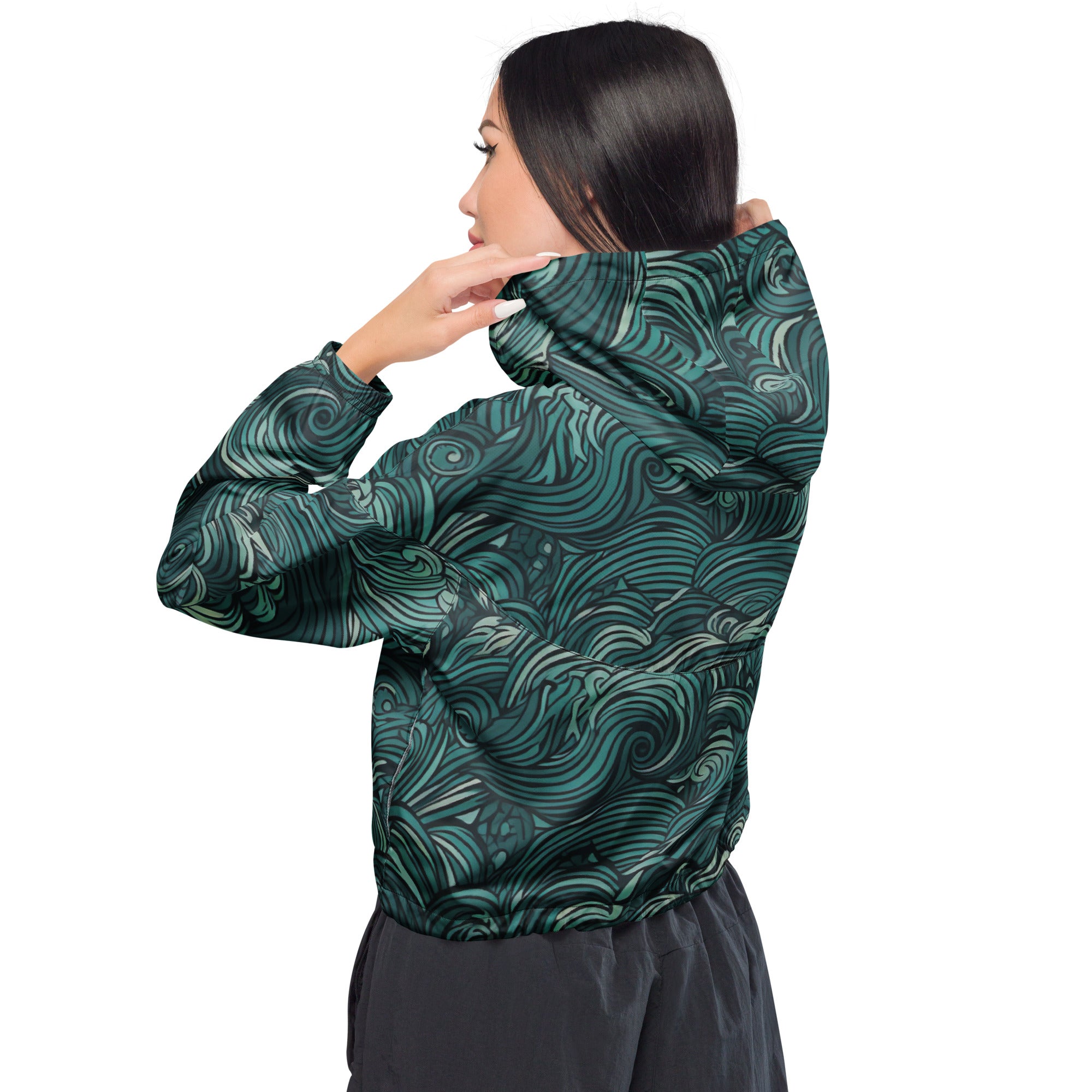 Women's Cropped Windbreaker Jacket in mint green with water wave print, featuring a stylish cropped design and adjustable drawstrings.