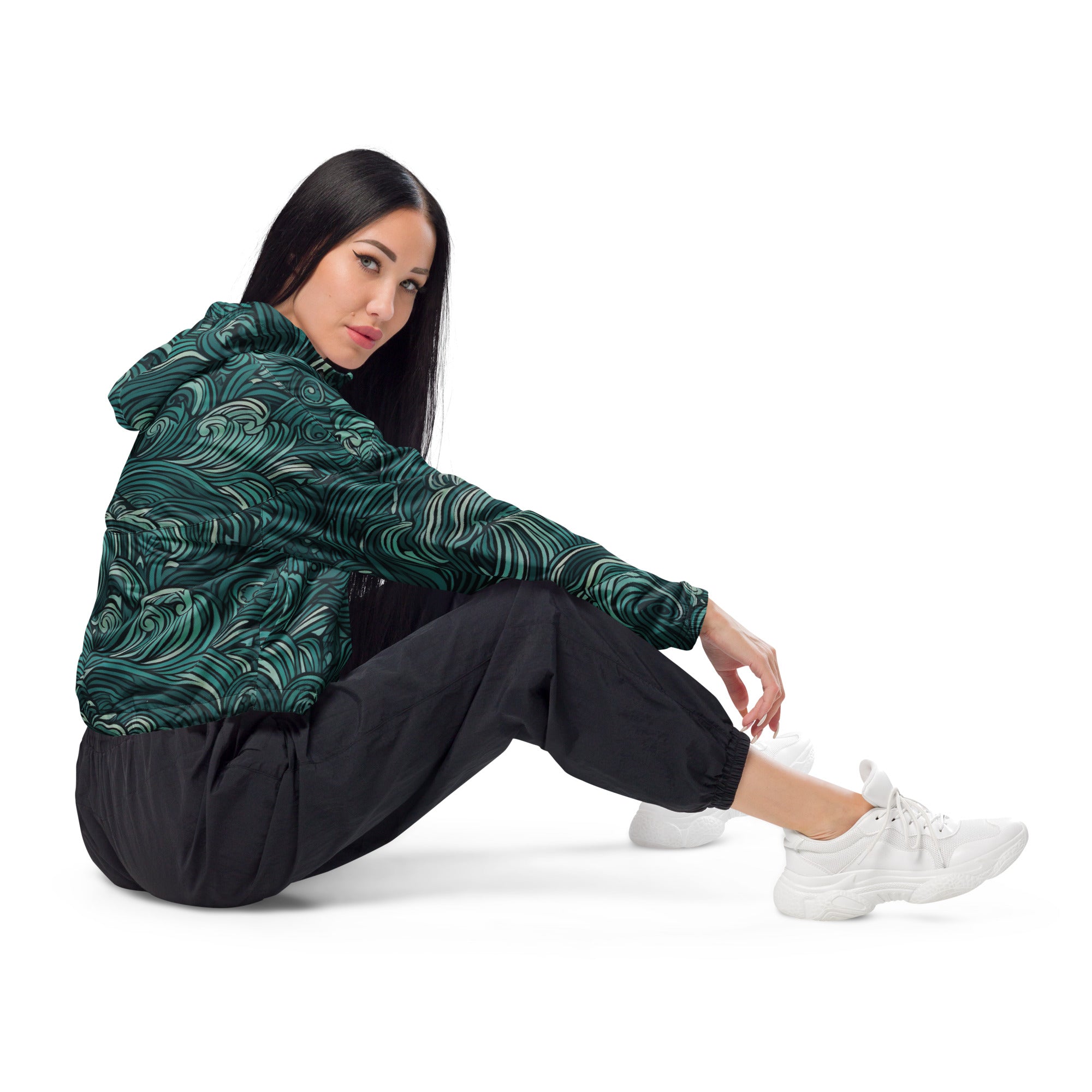 Women's Cropped Windbreaker Jacket in mint green with water wave print, featuring a stylish cropped design and adjustable drawstrings.