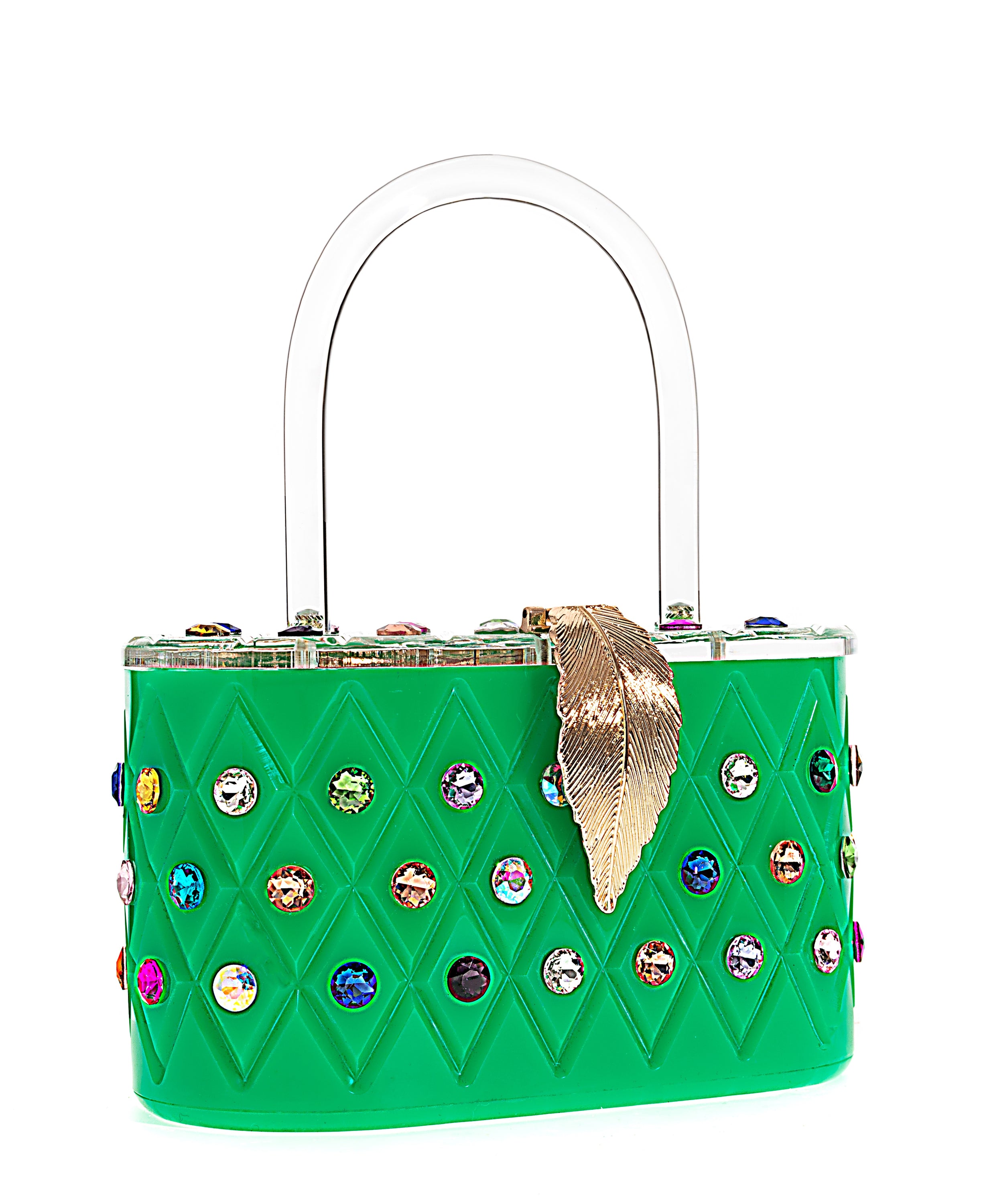 Womens Emerald Rainbow Top Handle Clutch Bag featuring a vintage design with colorful crystals and engraved pattern.