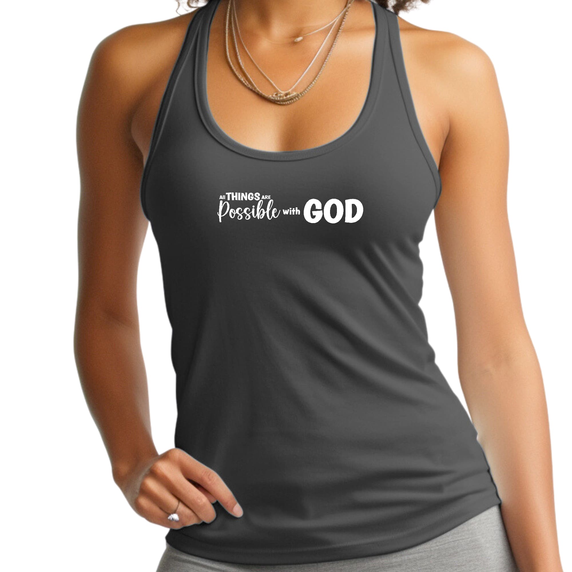 Women's Fitness Tank Top in soft preshrunk cotton featuring 'All Things Are Possible' graphic, perfect for workouts and casual wear.