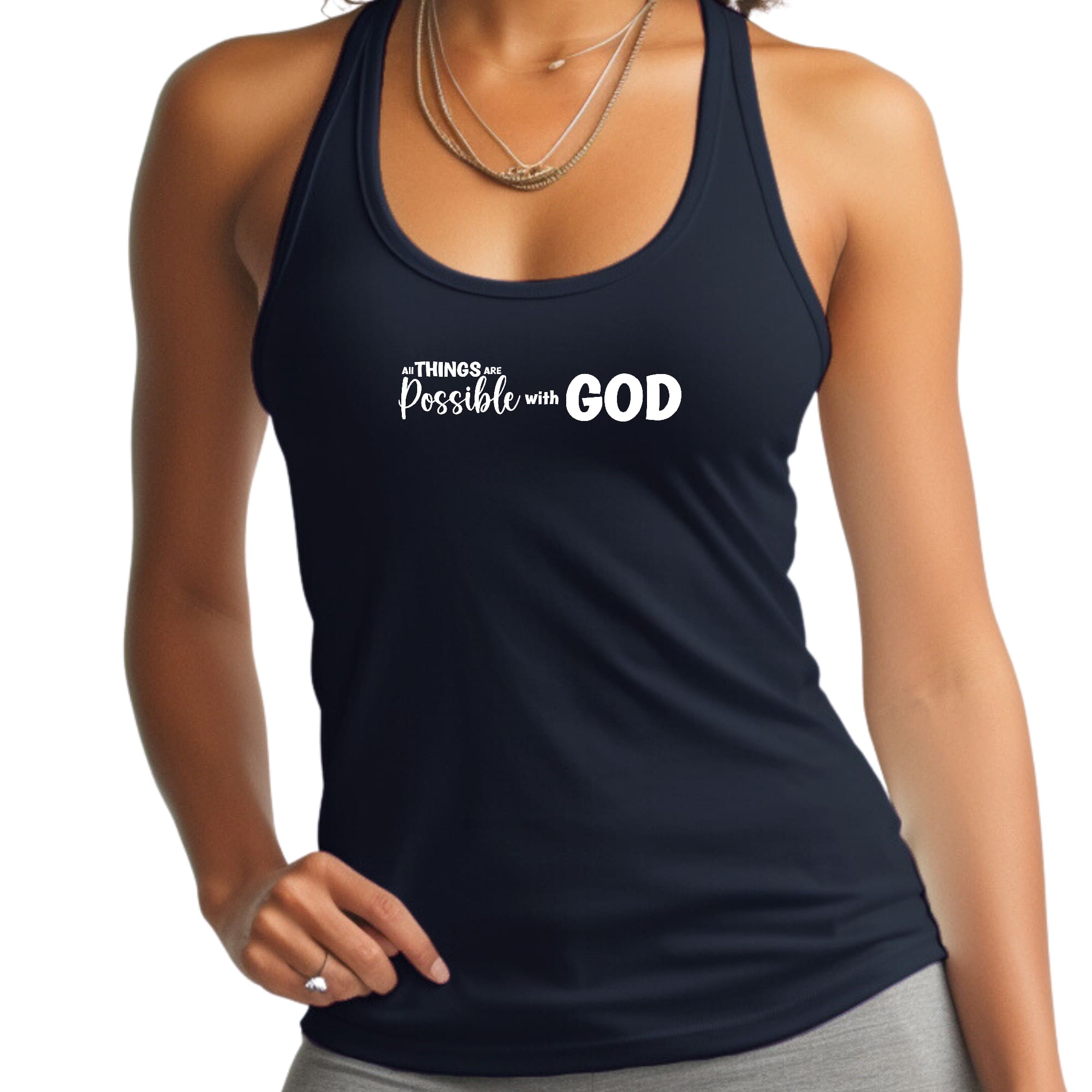 Women's Fitness Tank Top in soft preshrunk cotton featuring 'All Things Are Possible' graphic, perfect for workouts and casual wear.