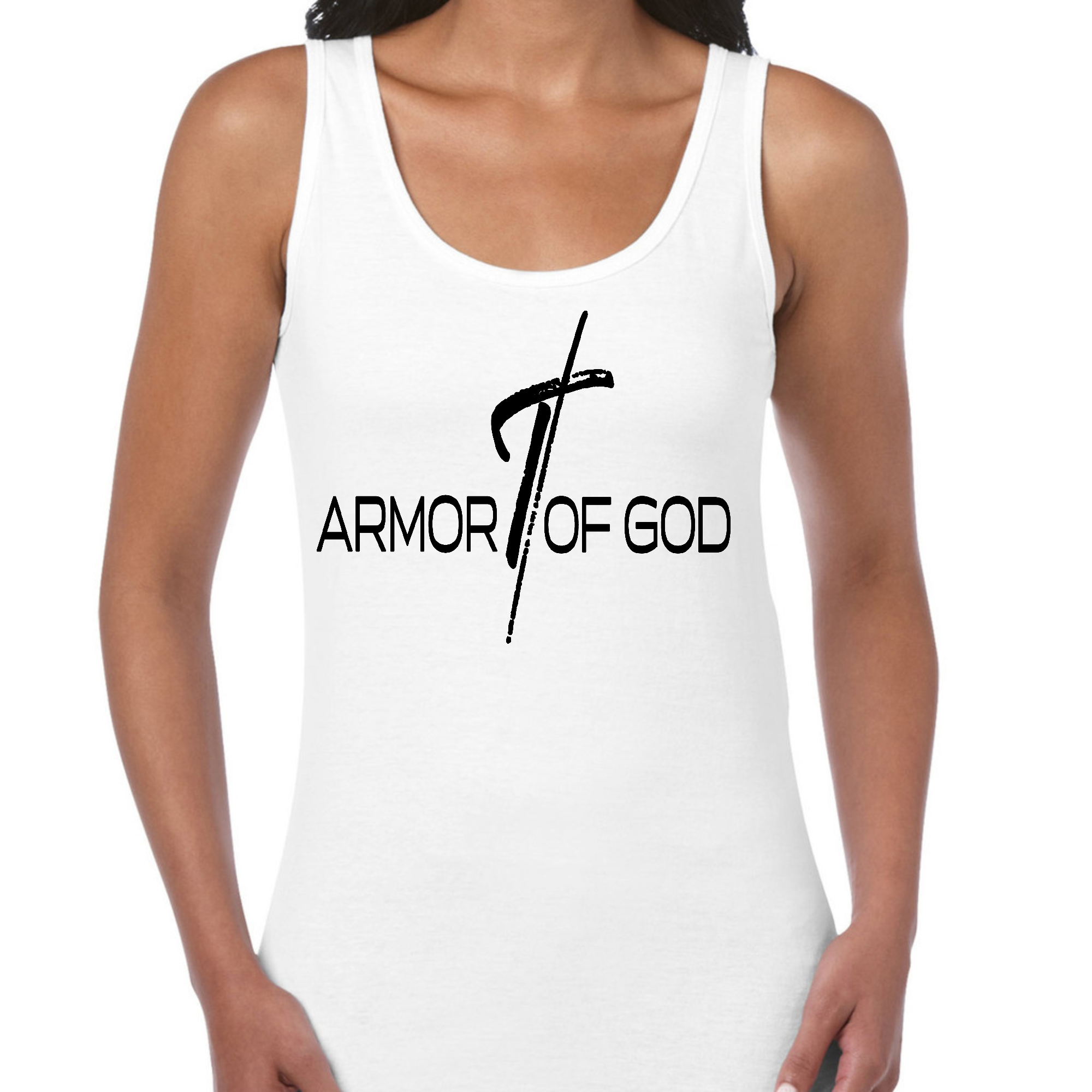 Women's black fitness tank top with Armor of God scripture quote graphic print, made from soft preshrunk cotton.