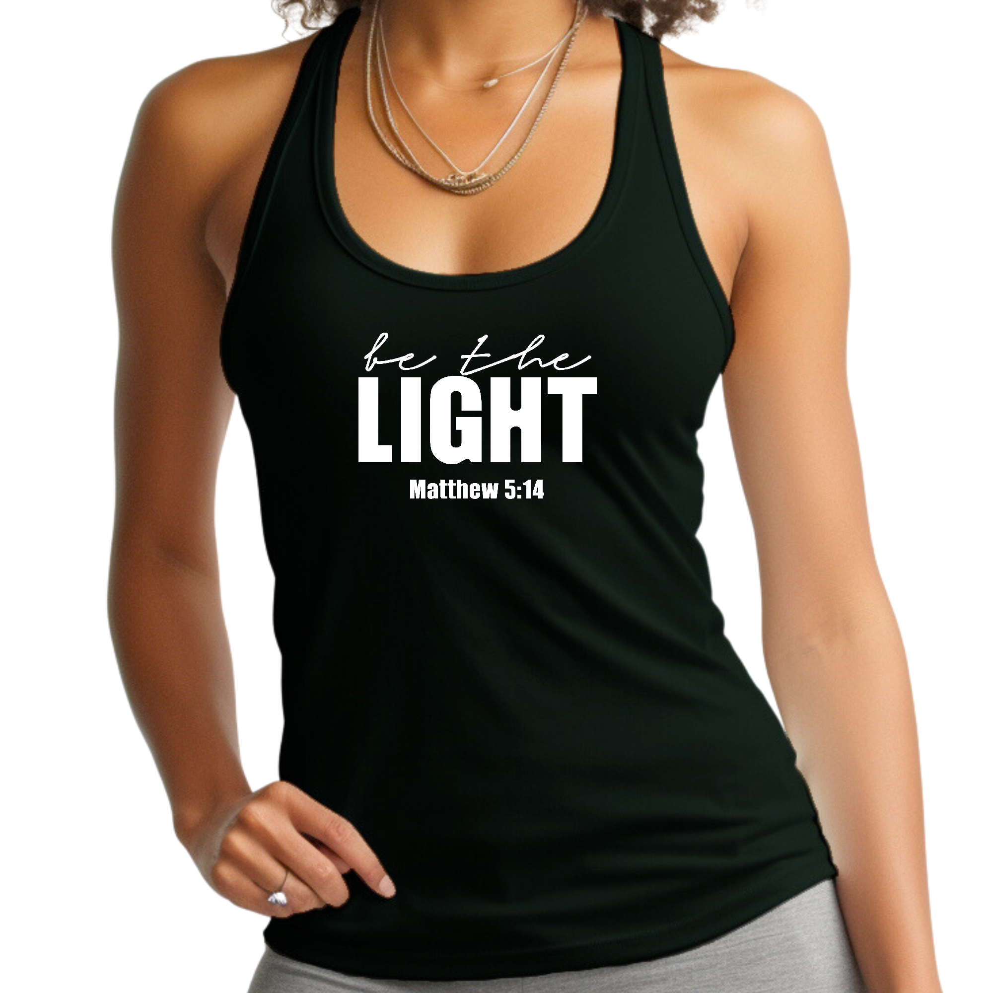Women's Fitness Tank Top featuring 'Be The Light' inspirational graphic, made from soft preshrunk cotton, ideal for workouts and casual wear.