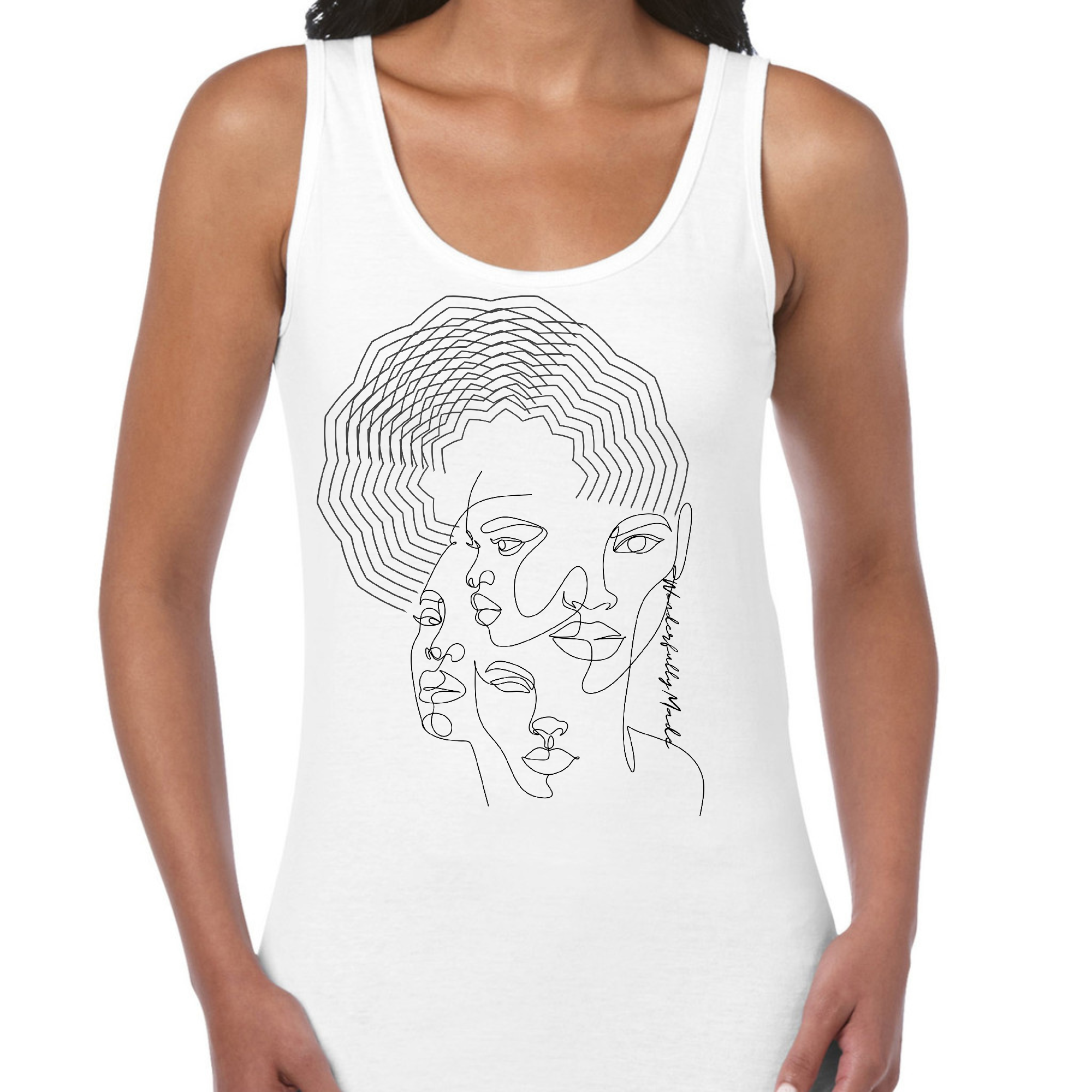 Women's Fitness Tank Top featuring a motivational graphic 'Every Woman is Wonderfully', made from soft cotton material.
