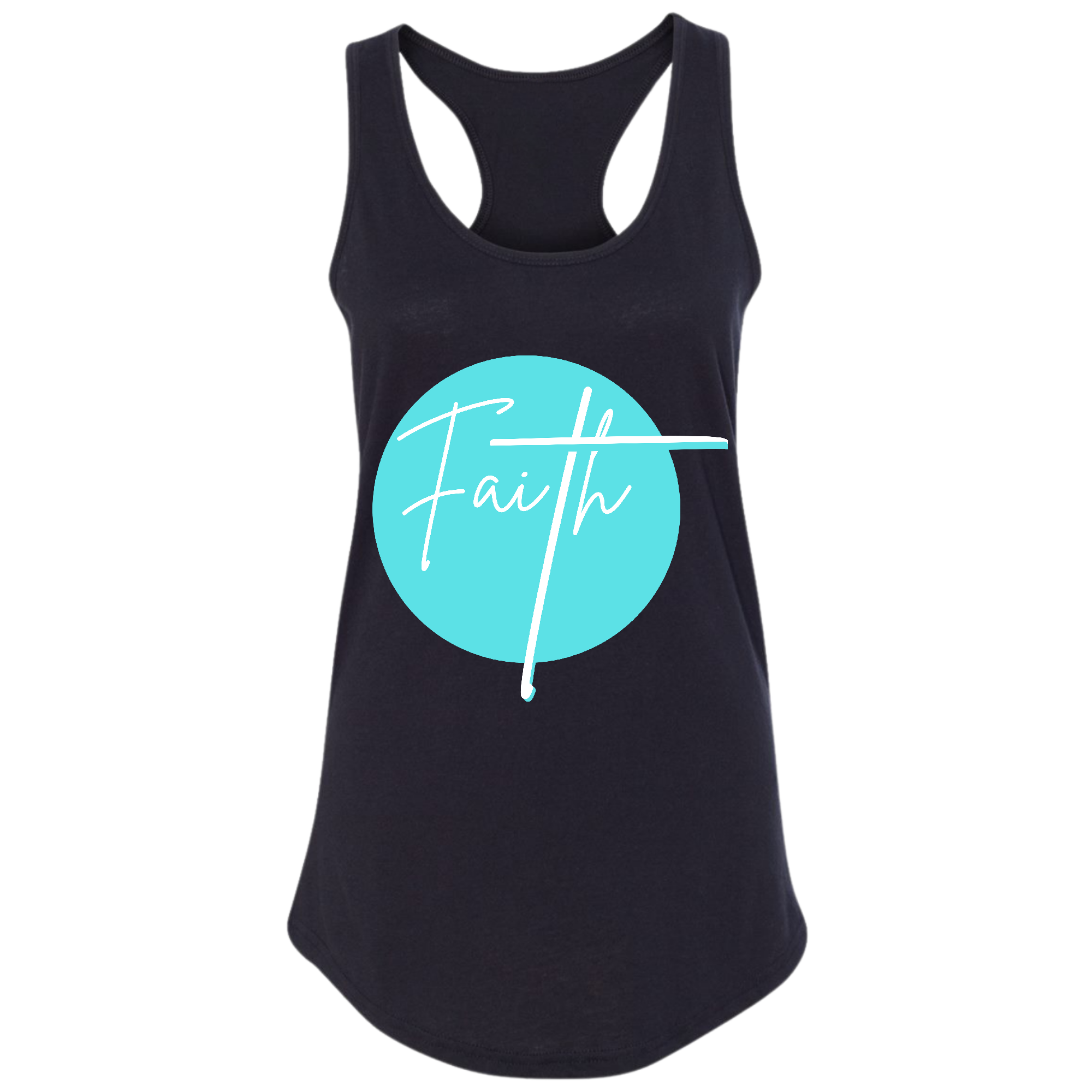 Women's Fitness Tank Top in cyan blue with white Faith graphic, made from soft preshrunk cotton, ideal for activewear.