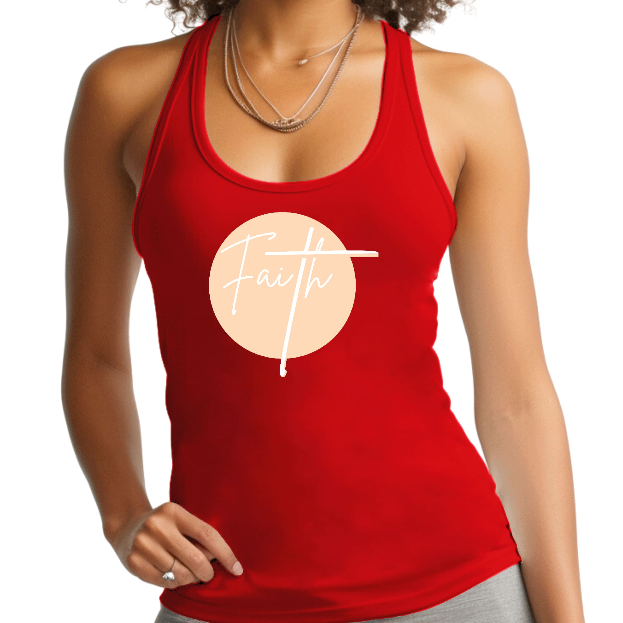 Women's Fitness Tank Top in peach and white with a Faith graphic, made from soft preshrunk cotton, ideal for activewear.