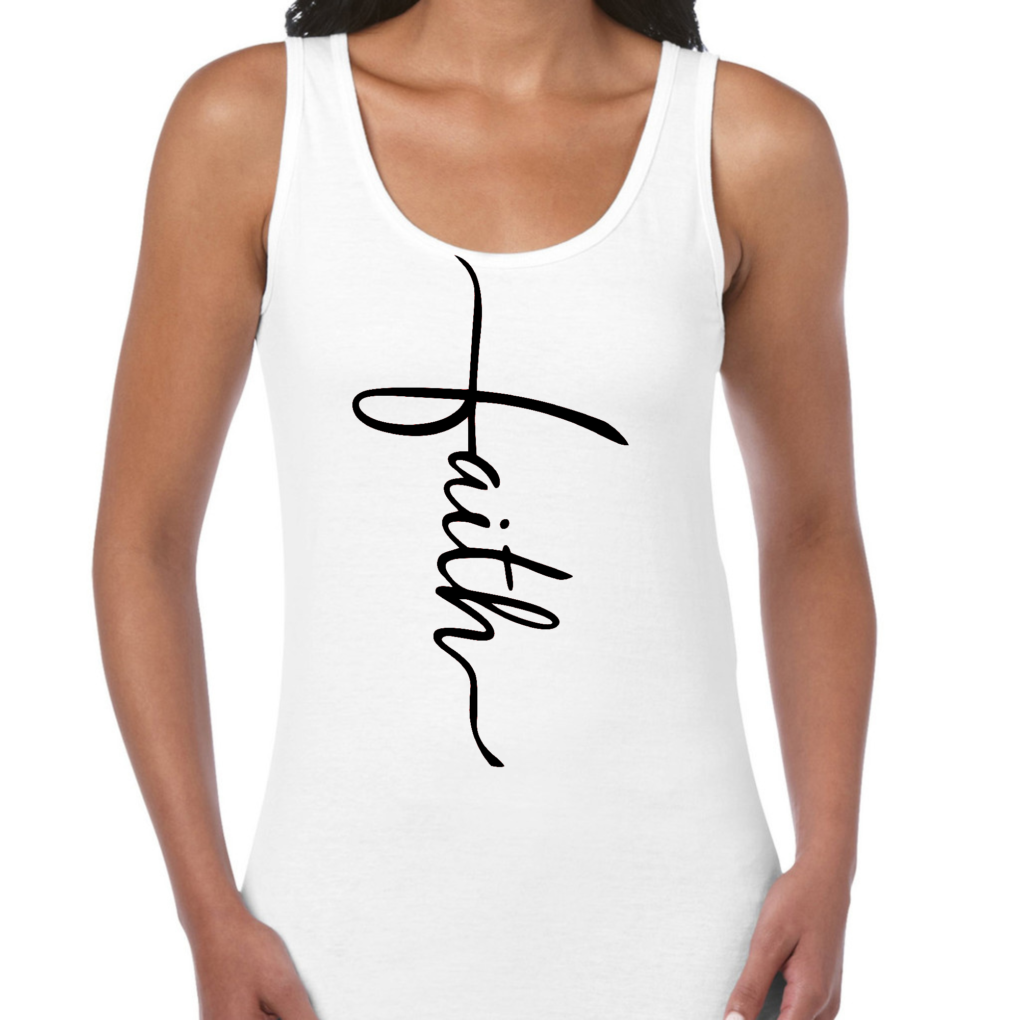 Women's Fitness Tank Top in black featuring a Faith Script Cross design, made from soft cotton material.