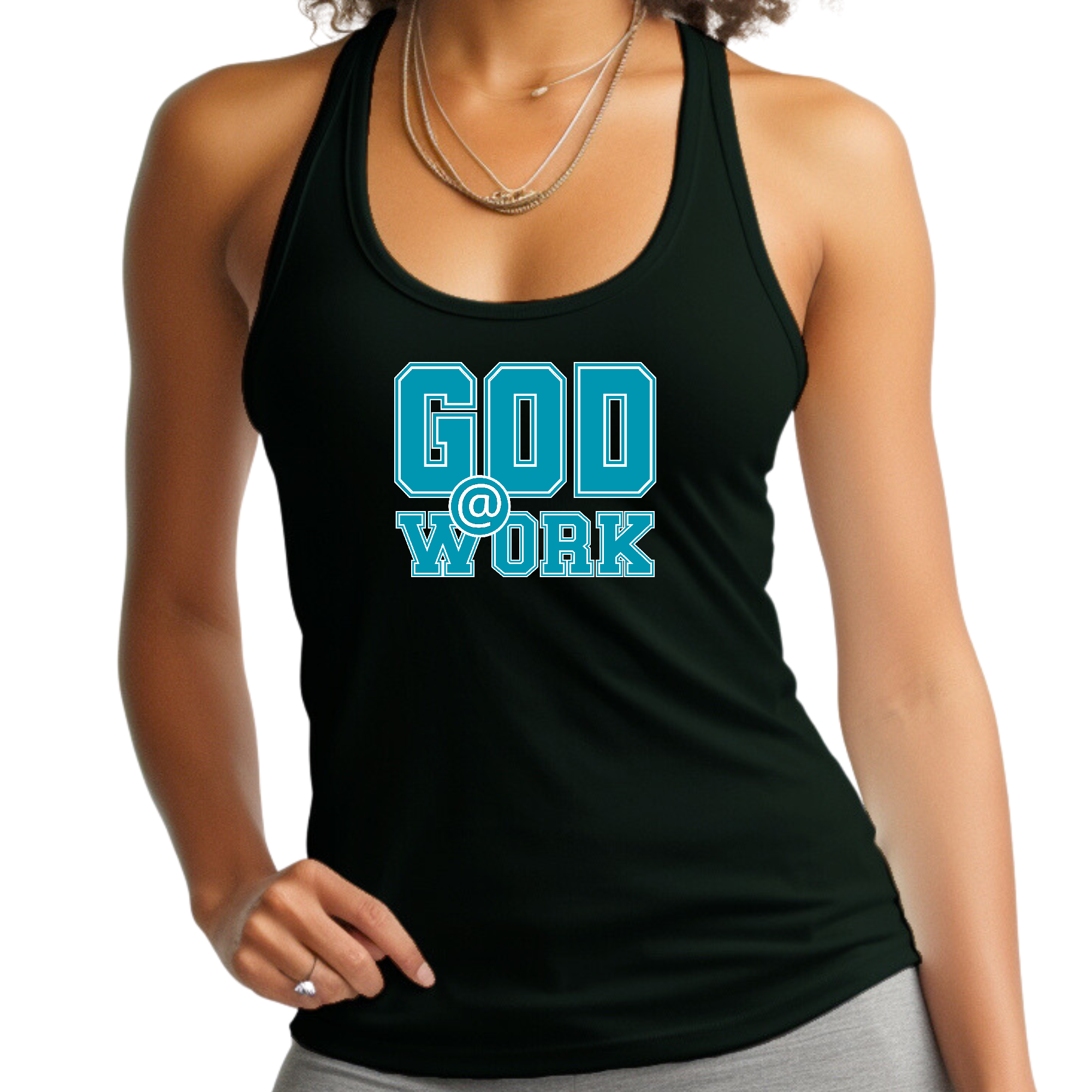 A stylish women's fitness tank top in blue and green with the text 'God @ Work' printed on it, made from soft preshrunk cotton.