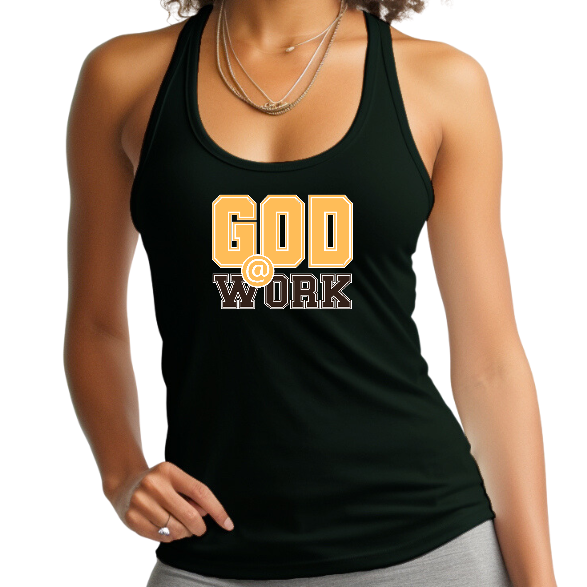 A vibrant golden yellow women's fitness tank top featuring a motivational 'God @ Work' graphic print, made from soft preshrunk cotton.