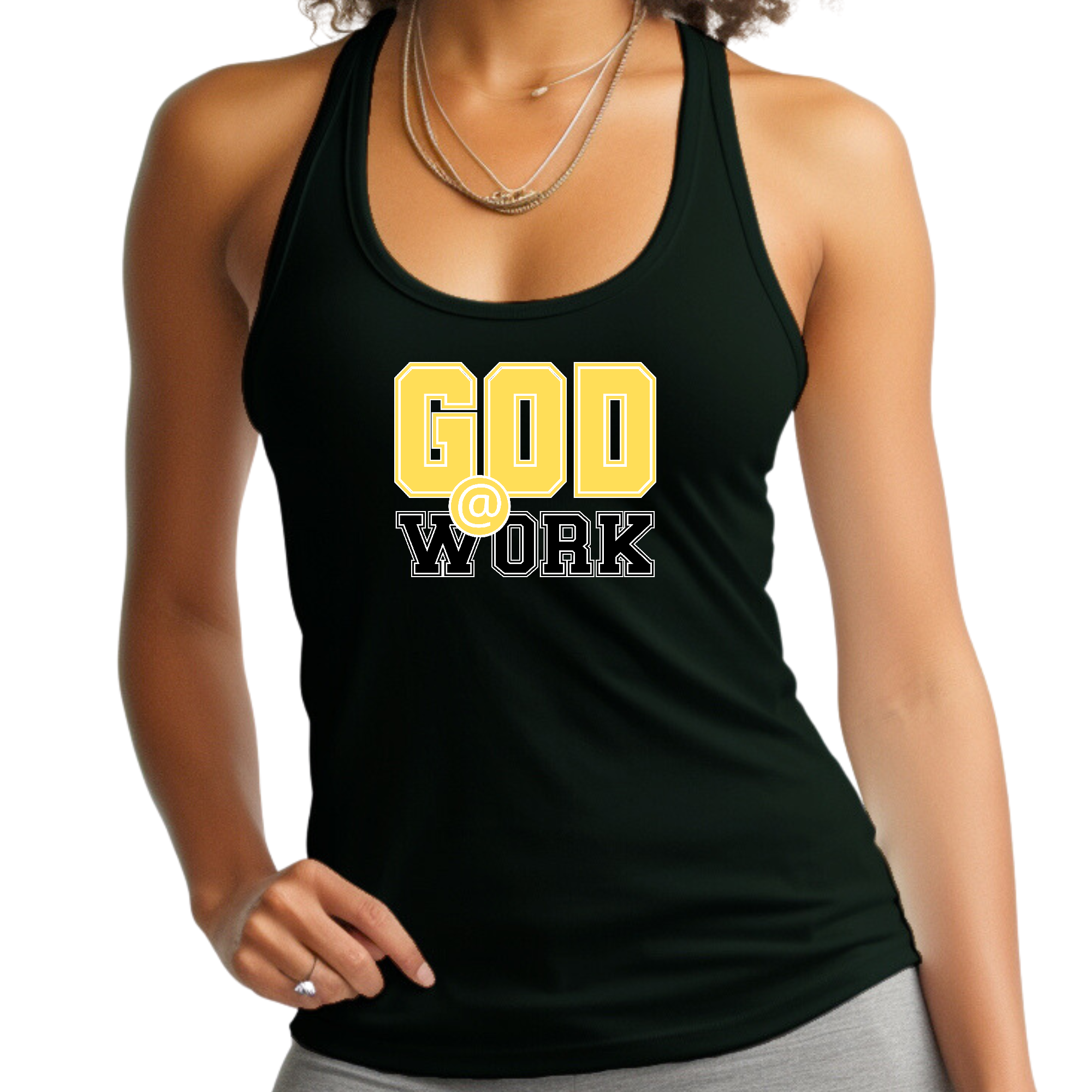 A stylish women's fitness tank top in yellow and black featuring the phrase 'God @ Work', made from soft preshrunk cotton.