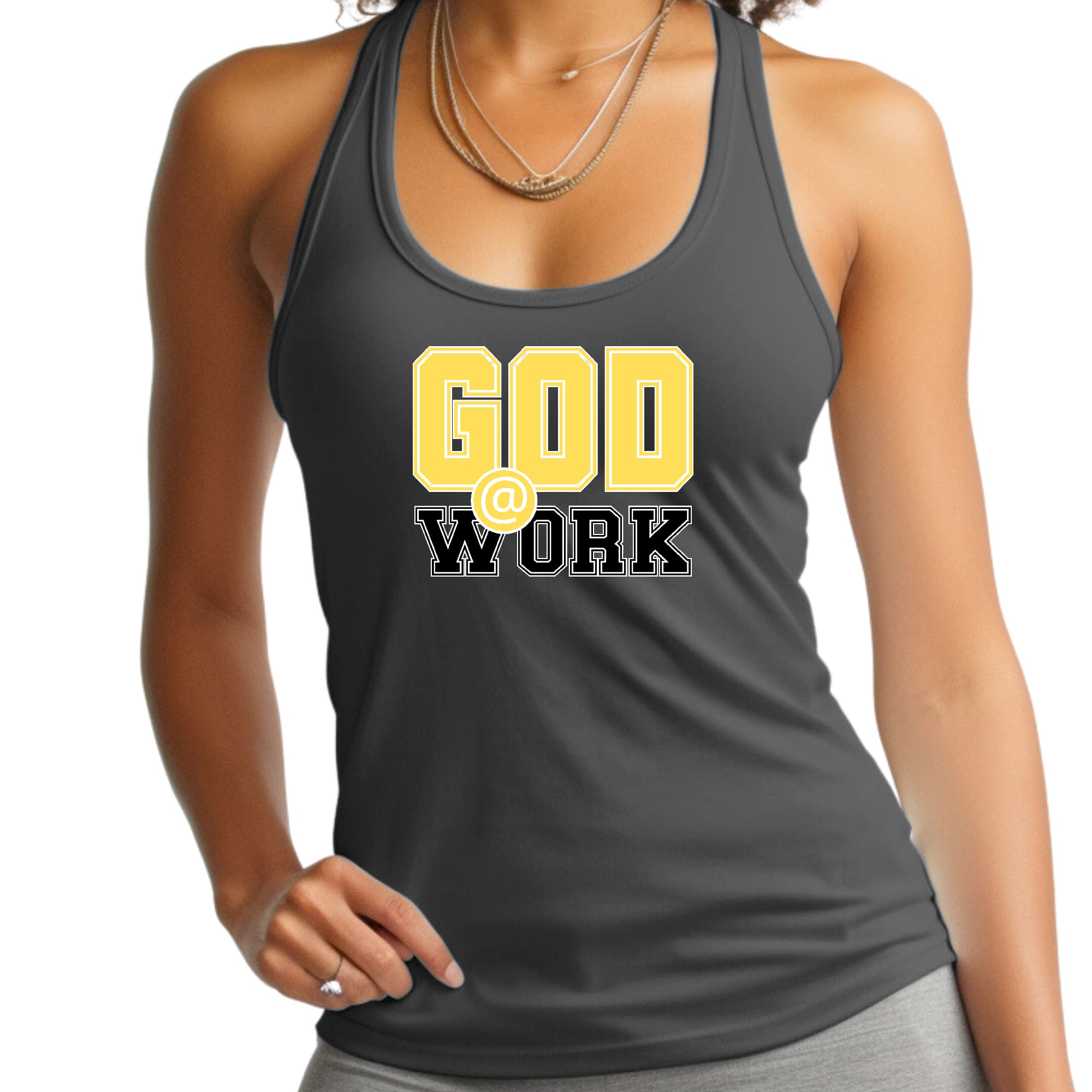 A stylish women's fitness tank top in yellow and black featuring the phrase 'God @ Work', made from soft preshrunk cotton.