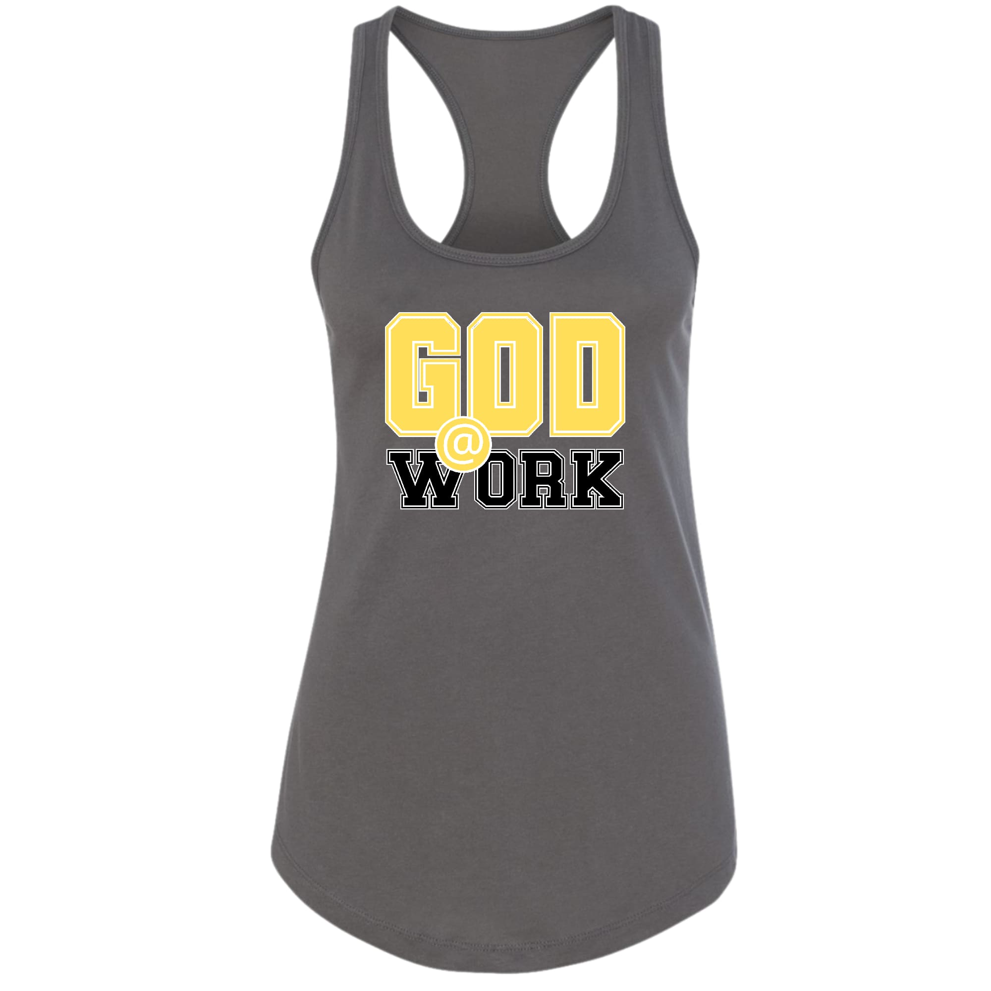 A stylish women's fitness tank top in yellow and black featuring the phrase 'God @ Work', made from soft preshrunk cotton.