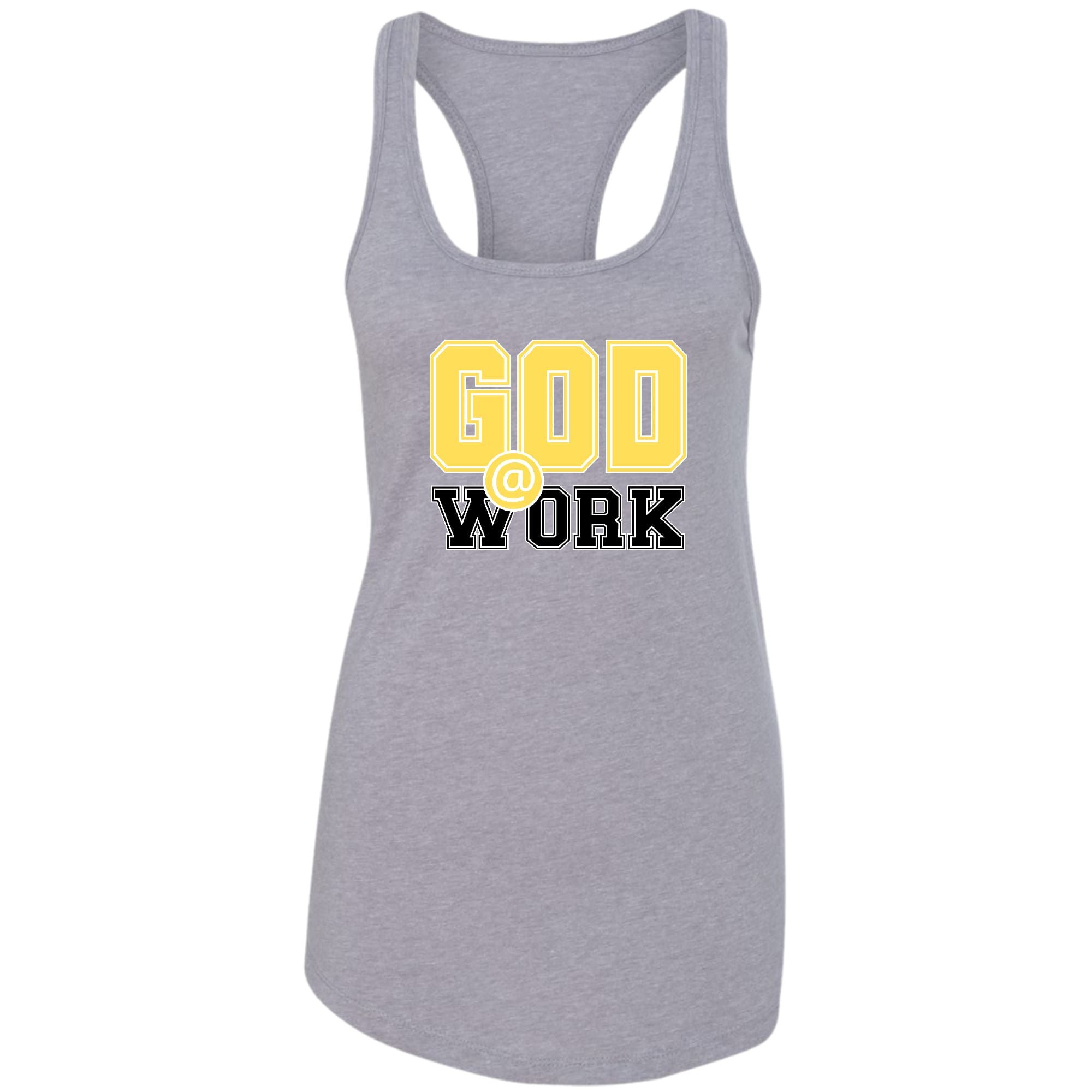A stylish women's fitness tank top in yellow and black featuring the phrase 'God @ Work', made from soft preshrunk cotton.