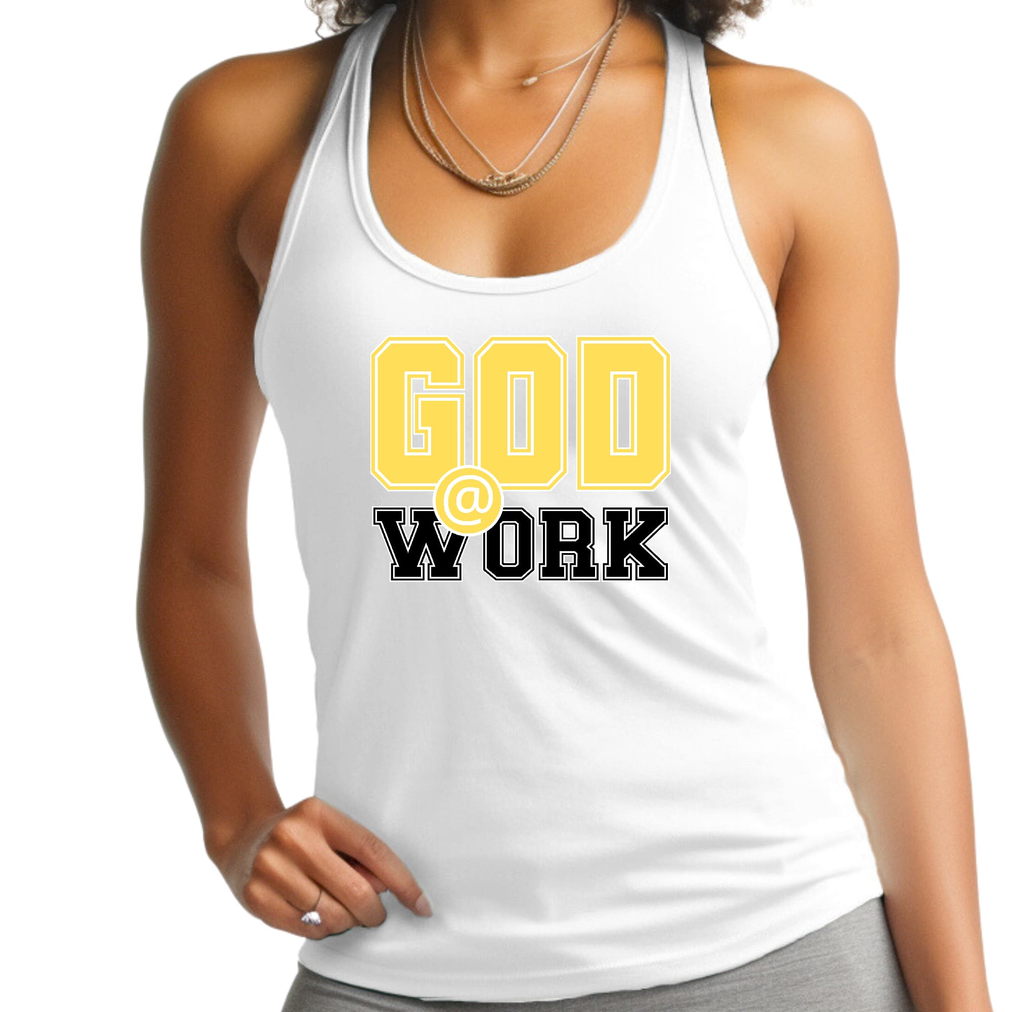 A stylish women's fitness tank top in yellow and black featuring the phrase 'God @ Work', made from soft preshrunk cotton.