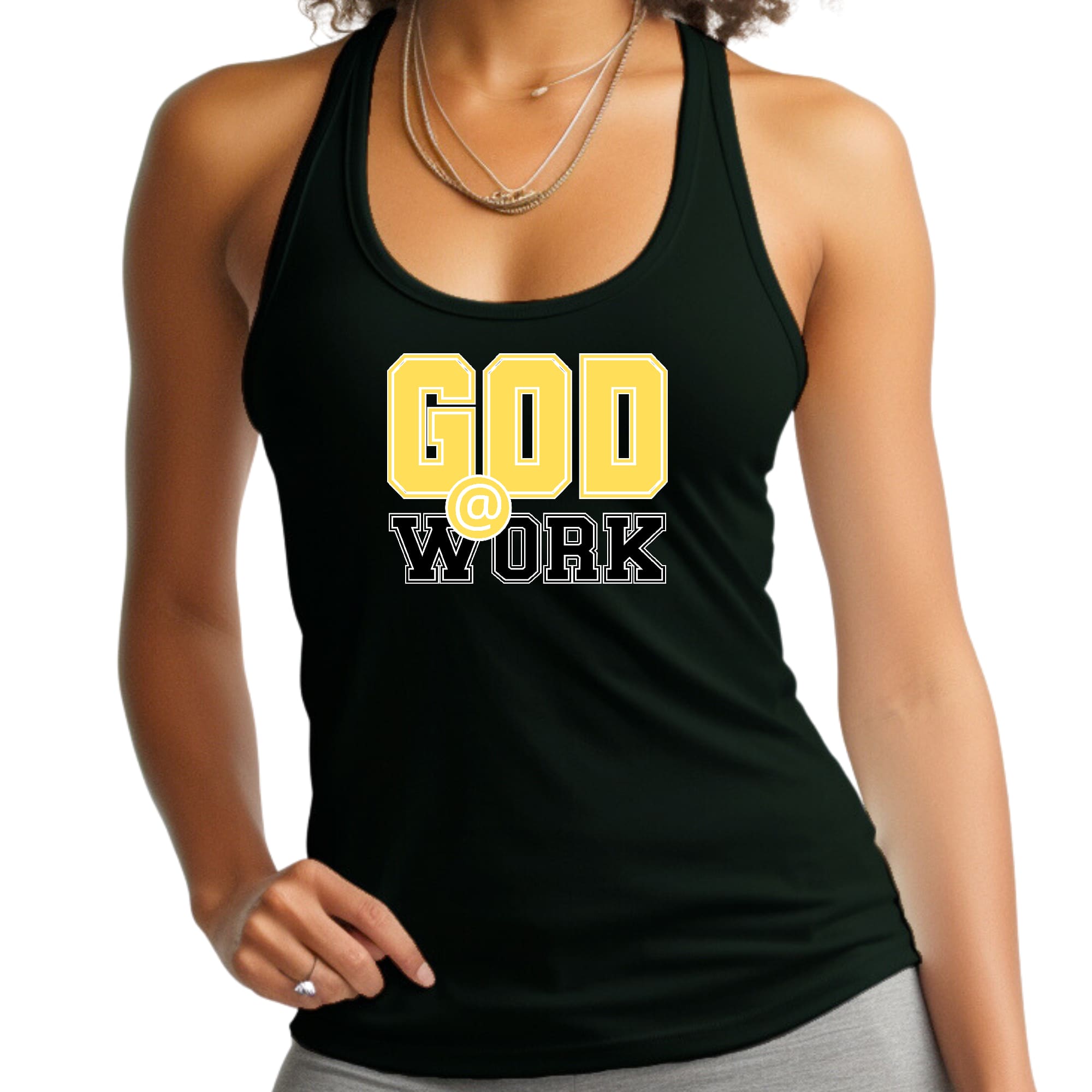 A stylish women's fitness tank top in yellow and black featuring the phrase 'God @ Work', made from soft preshrunk cotton.
