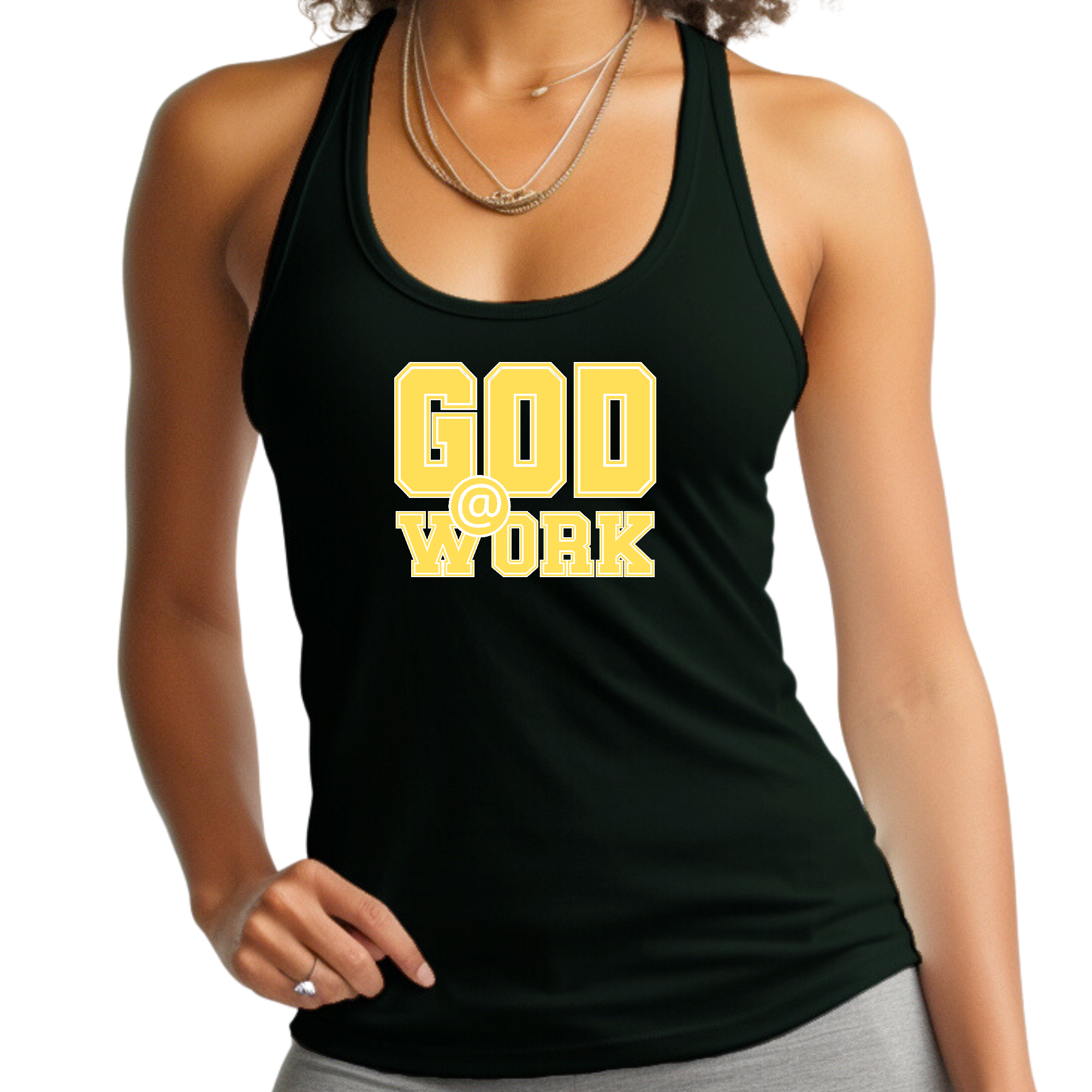 A vibrant yellow and white women's fitness tank top featuring the graphic 'God @ Work', made from soft preshrunk cotton for comfort.