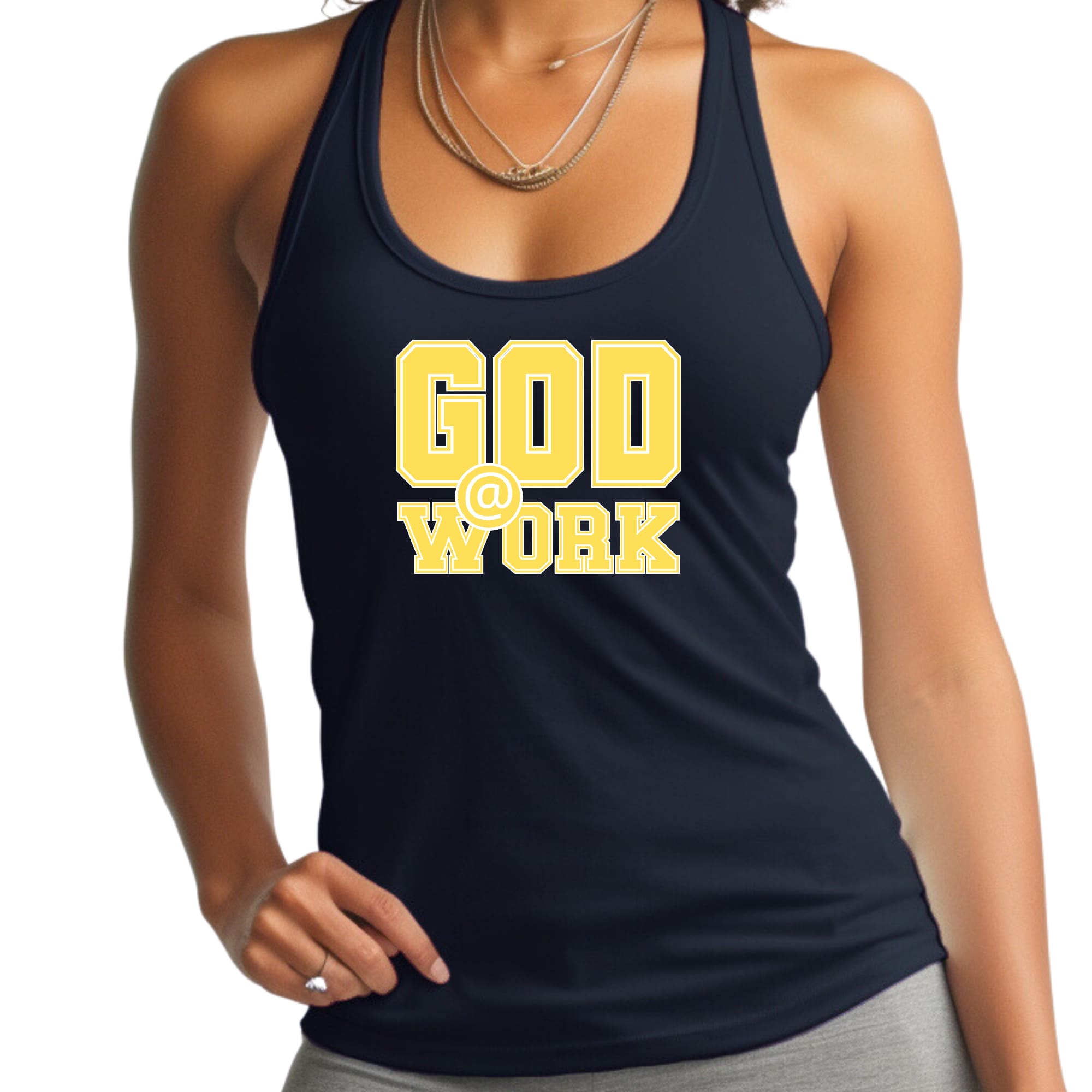 A vibrant yellow and white women's fitness tank top featuring the graphic 'God @ Work', made from soft preshrunk cotton for comfort.