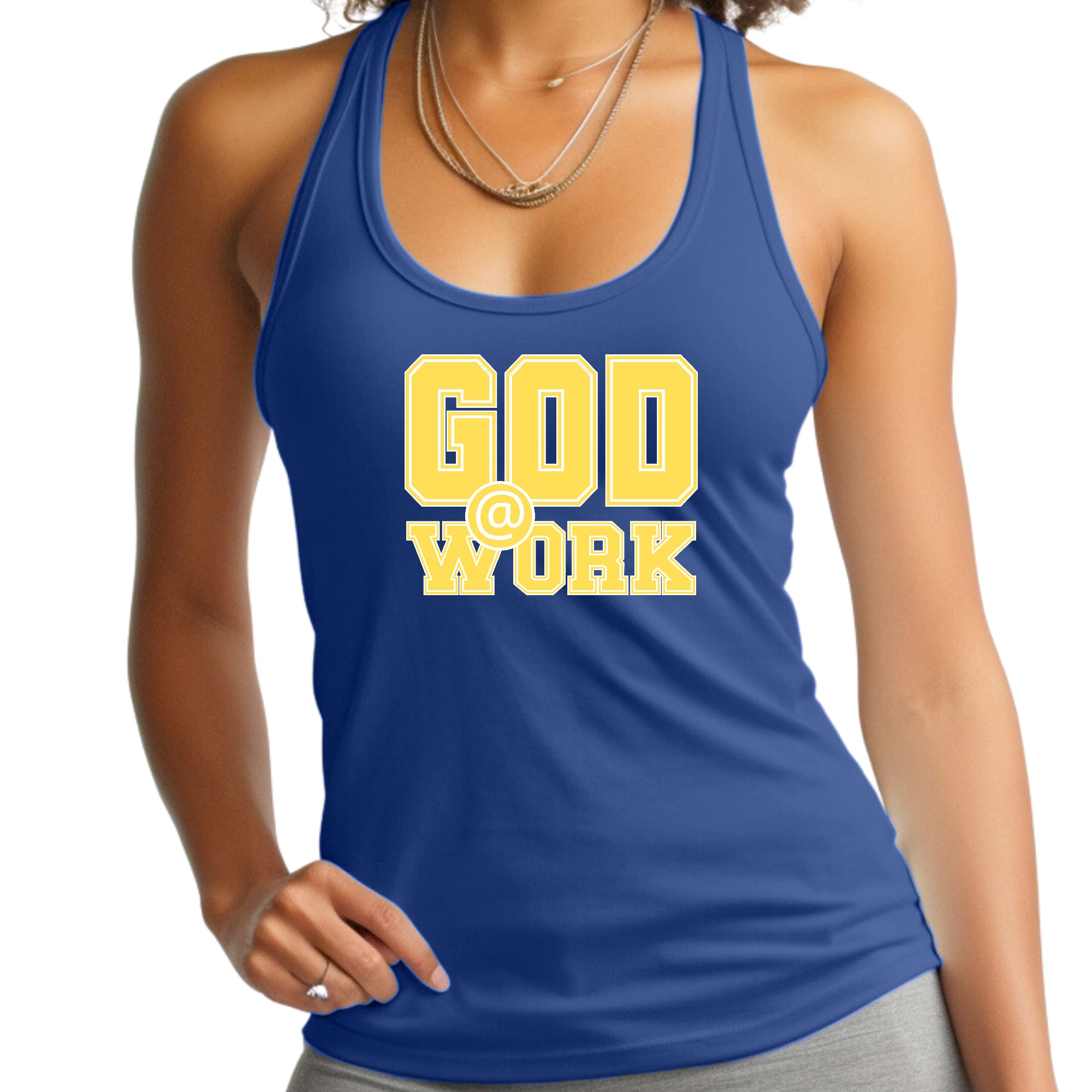 A vibrant yellow and white women's fitness tank top featuring the graphic 'God @ Work', made from soft preshrunk cotton for comfort.