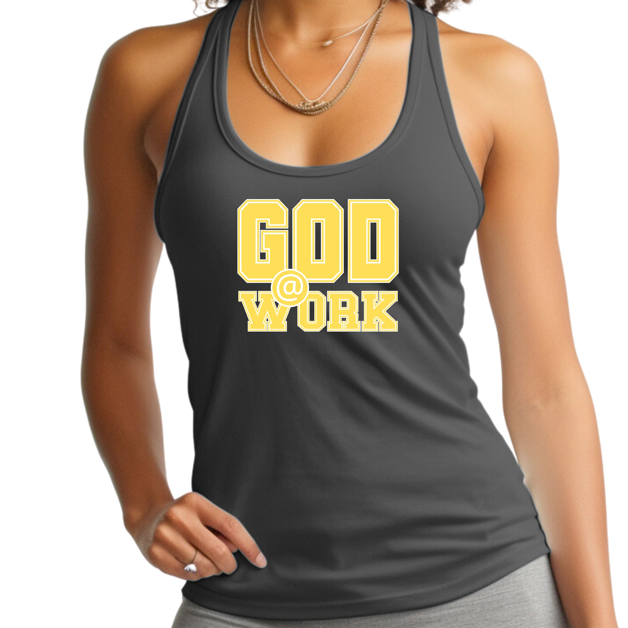 A vibrant yellow and white women's fitness tank top featuring the graphic 'God @ Work', made from soft preshrunk cotton for comfort.