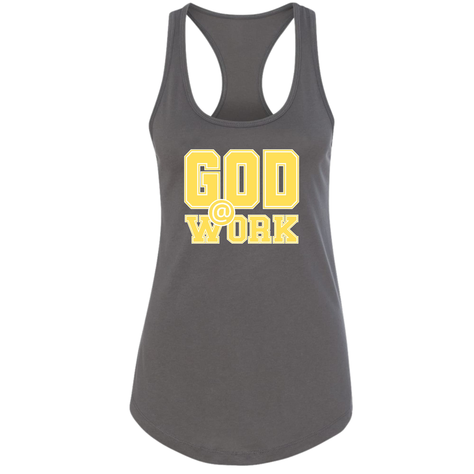 A vibrant yellow and white women's fitness tank top featuring the graphic 'God @ Work', made from soft preshrunk cotton for comfort.