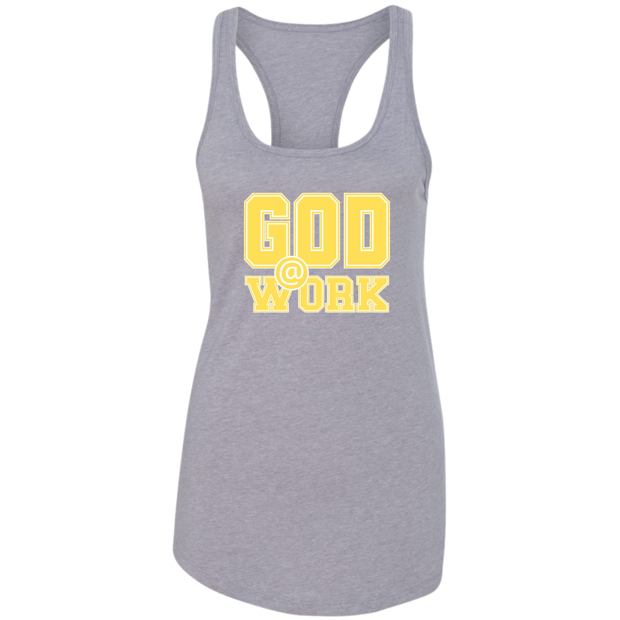 A vibrant yellow and white women's fitness tank top featuring the graphic 'God @ Work', made from soft preshrunk cotton for comfort.