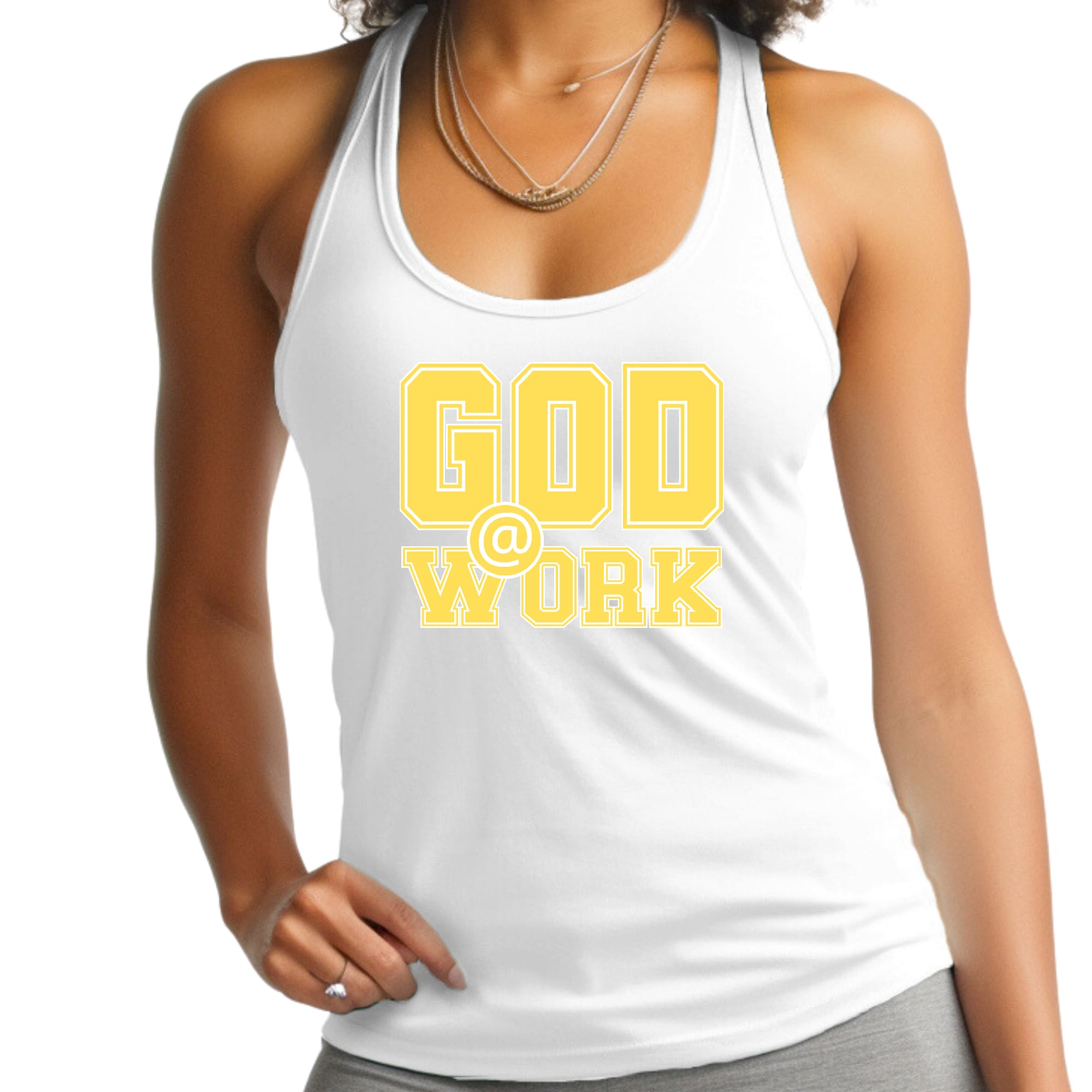 A vibrant yellow and white women's fitness tank top featuring the graphic 'God @ Work', made from soft preshrunk cotton for comfort.