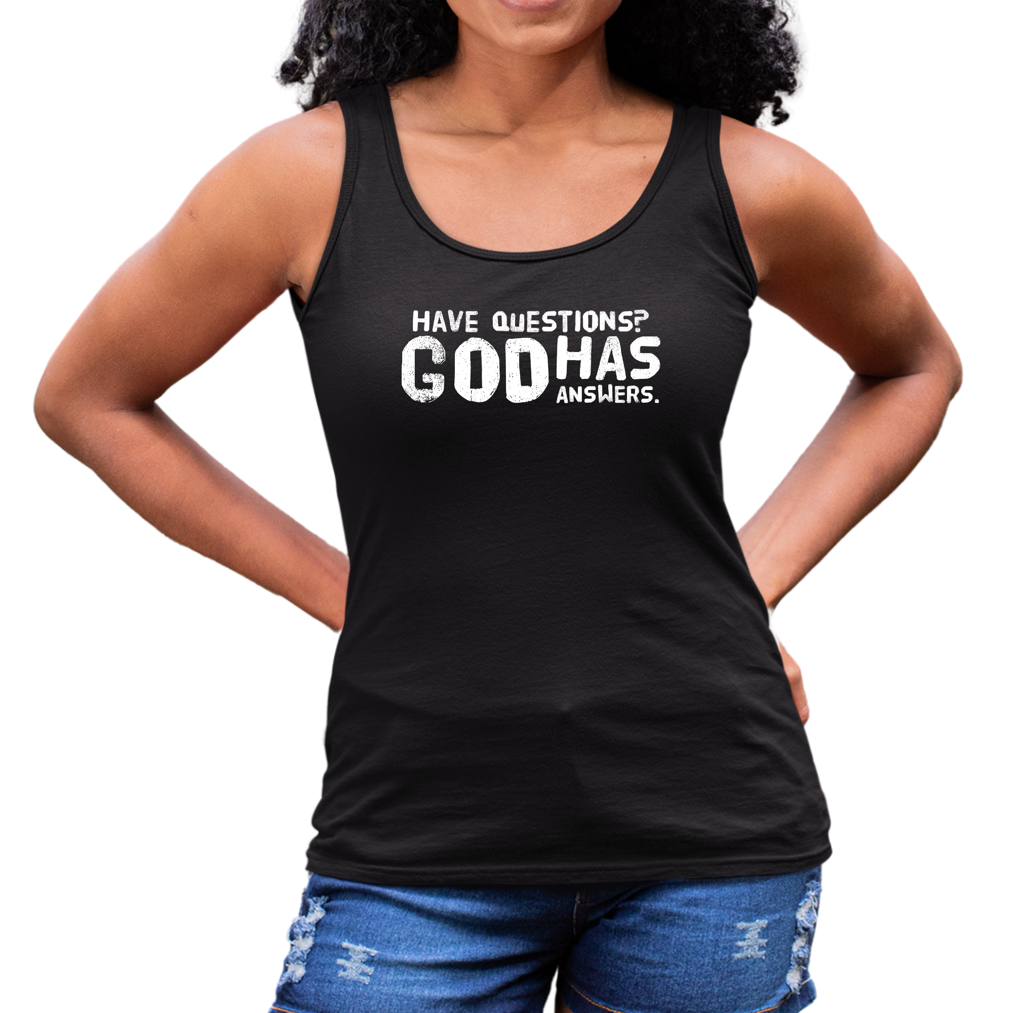 Women's Fitness Tank Top with 'Questions God Has Answers' graphic print, made from soft preshrunk cotton, ideal for workouts and casual wear.