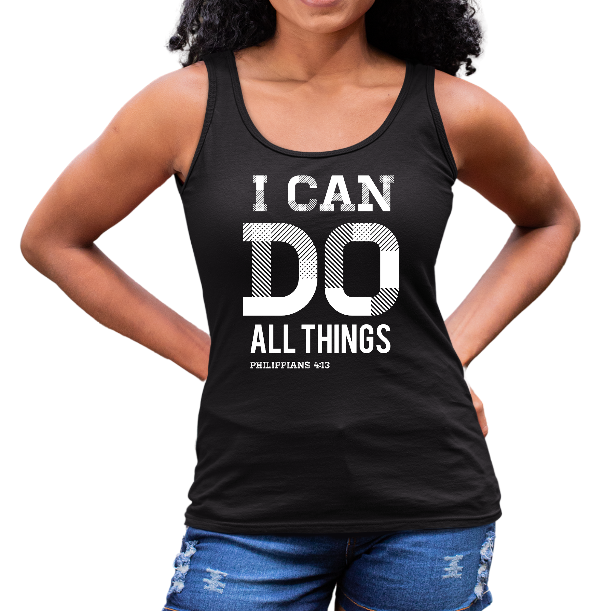 Women's Fitness Tank Top with 'I Can Do All Things' graphic print, made from soft preshrunk cotton, perfect for workouts.