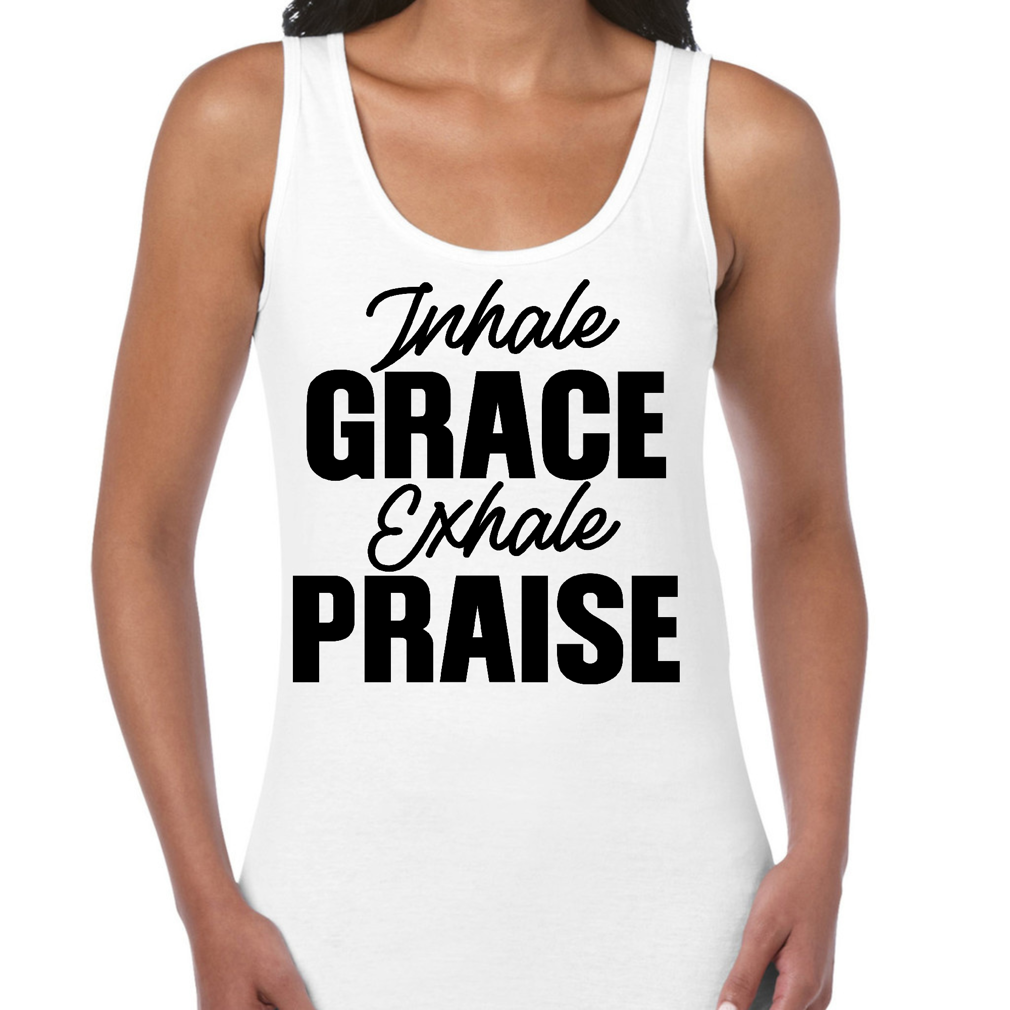 Women's Fitness Tank Top with 'Inhale Grace Exhale Praise' graphic, showcasing a soft cotton fabric and comfortable fit.
