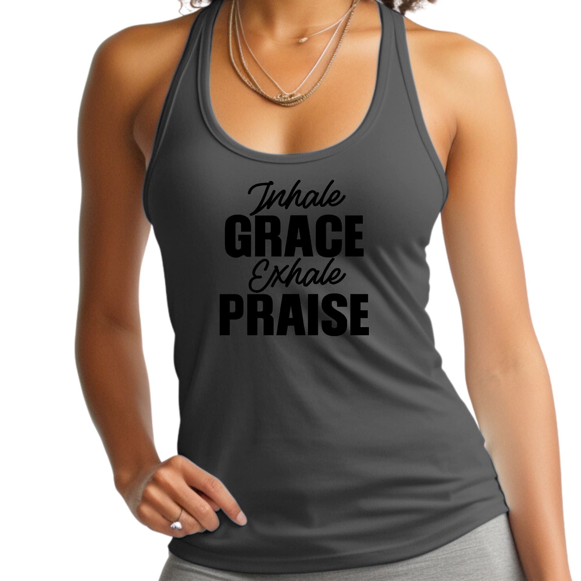 Women's Fitness Tank Top with 'Inhale Grace Exhale Praise' graphic, showcasing a soft cotton fabric and comfortable fit.