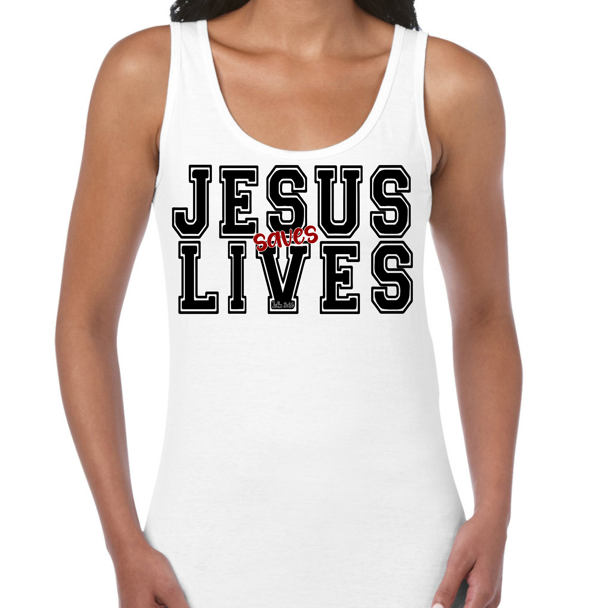 Women's Fitness Tank Top in black and red with 'Jesus Saves Lives' graphic, showcasing a comfortable and stylish design.