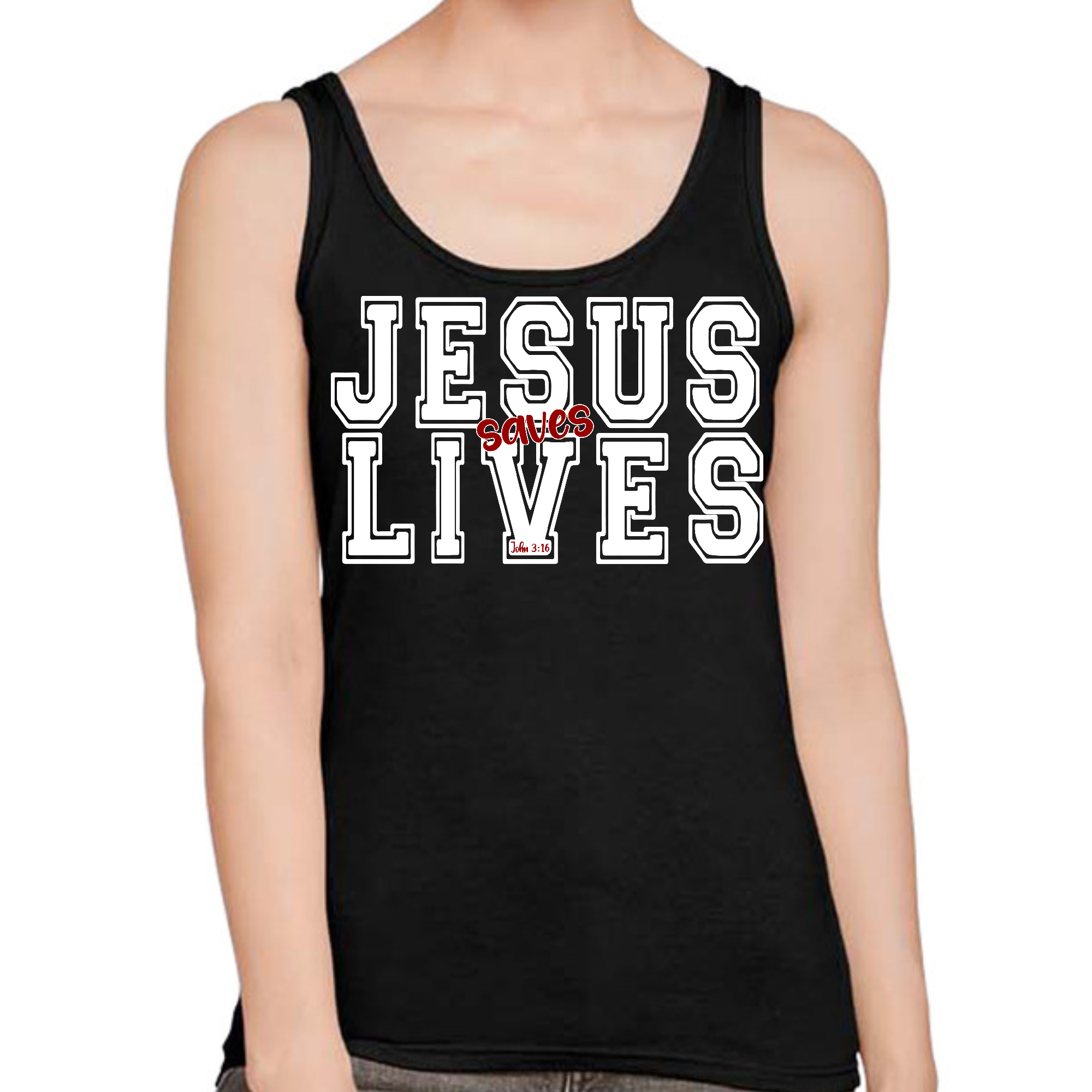 Women's Fitness Tank Top in white with red 'Jesus Saves Lives' graphic, showcasing a comfortable and stylish design.