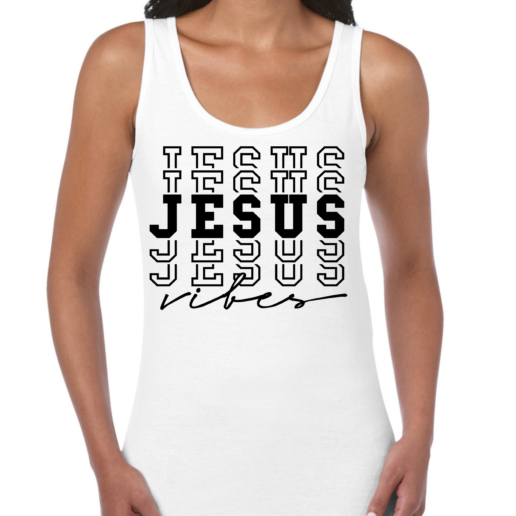 A stylish Women's Fitness Tank Top featuring the graphic 'Jesus Vibes', made from soft cotton material, perfect for workouts and casual wear.
