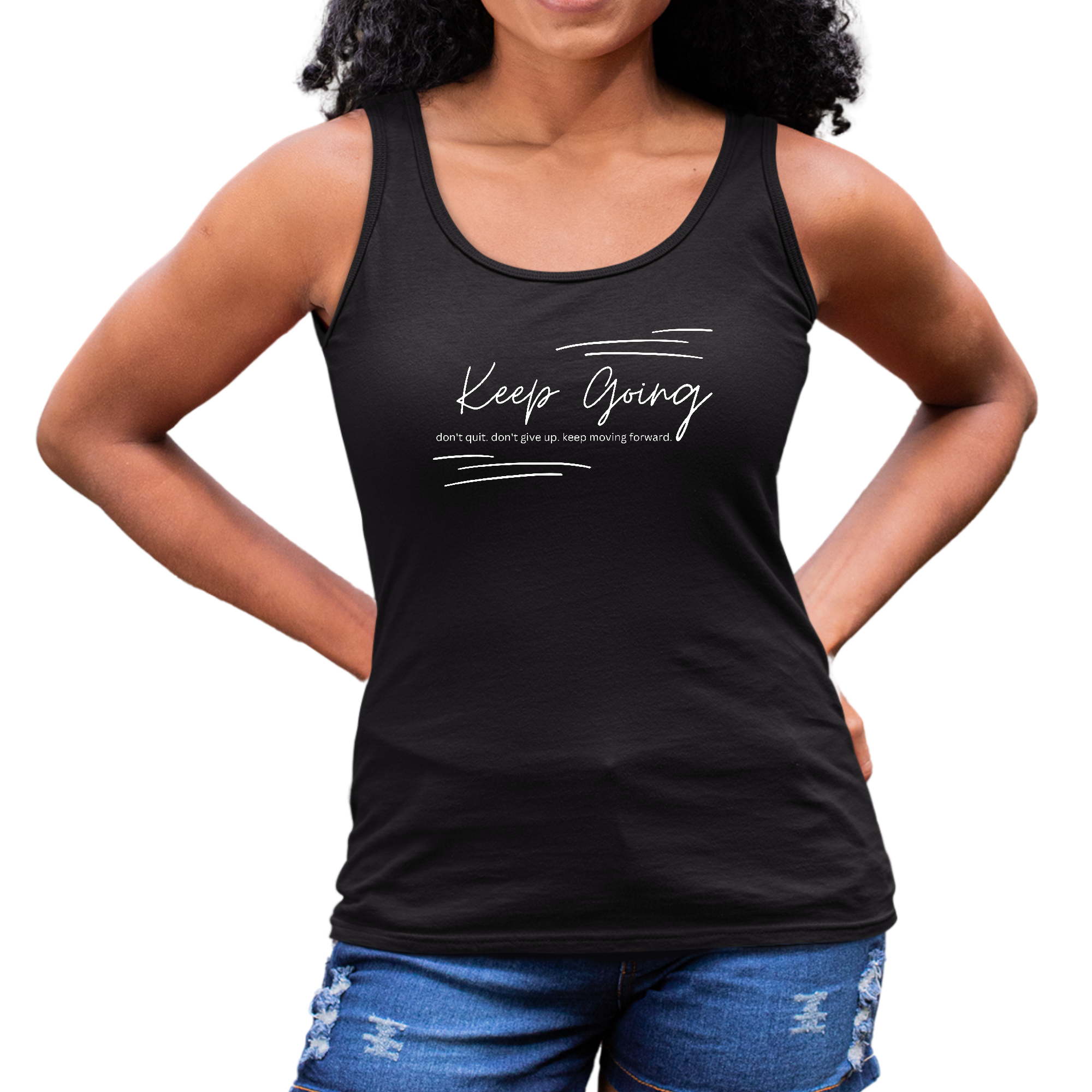 Women's Fitness Tank Top featuring 'Keep Going Don't Give Up' graphic, made from soft preshrunk cotton, ideal for workouts and casual wear.